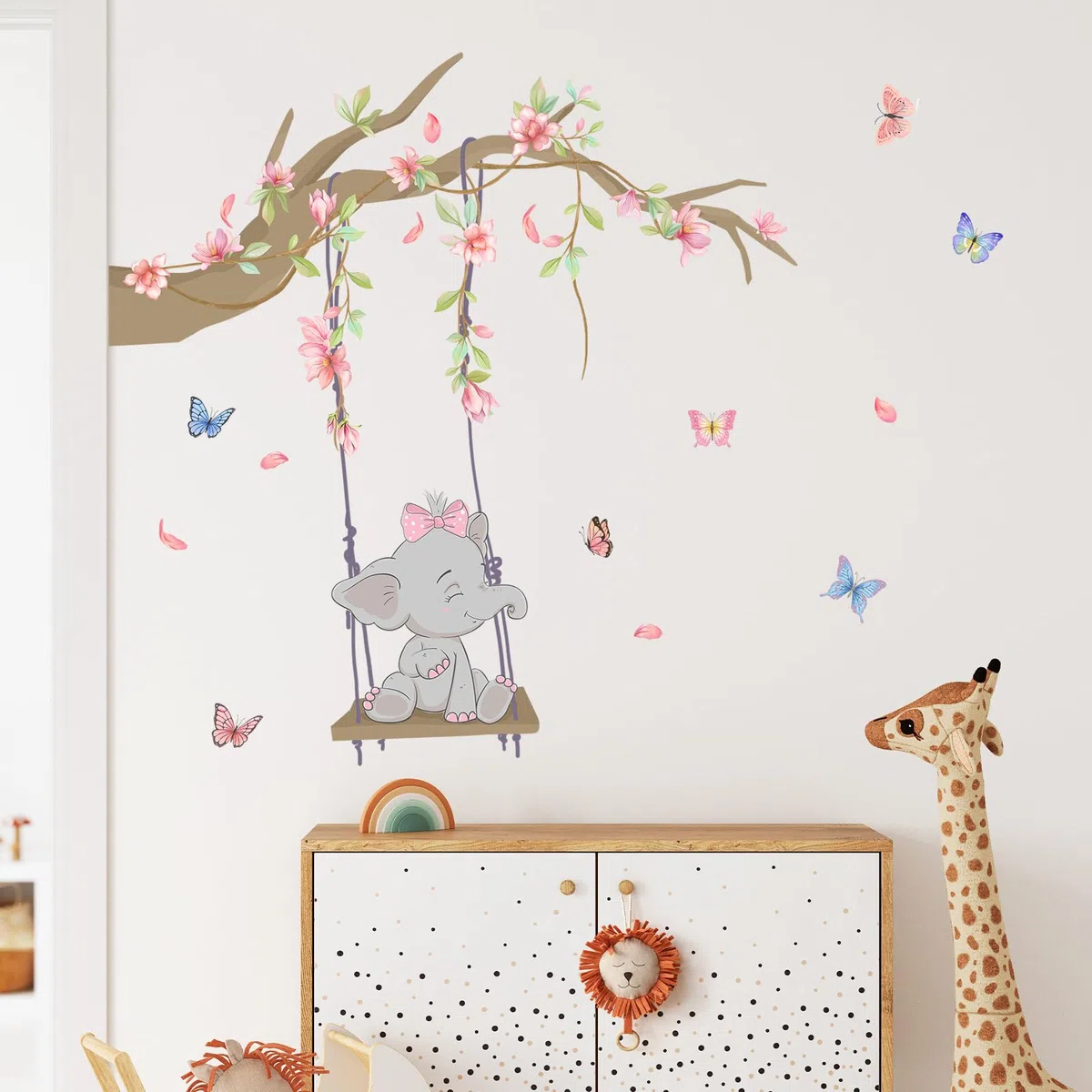 Tanlaby Rosa Columpio Elefante Vinilo Pared, Rama Flores Rosas Mariposas Pegatinas de Pared Caricatura Autoadhesivo Removible Vinilos Decorativos para Dormitorio de Niña Guardería Decoracion Pared