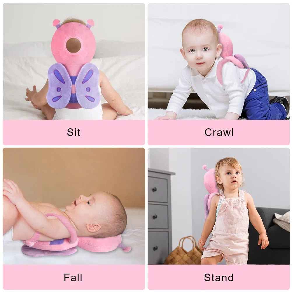 Vicloon Protector de Cabeza para Bebe, Cojín Protector Seguridad Bebe con Rodilleras, Ajustable Almohada Protección Bebe, Protección para Cabeza y Espalda del Niños para Gatear y Caminar-Mariposa rosa