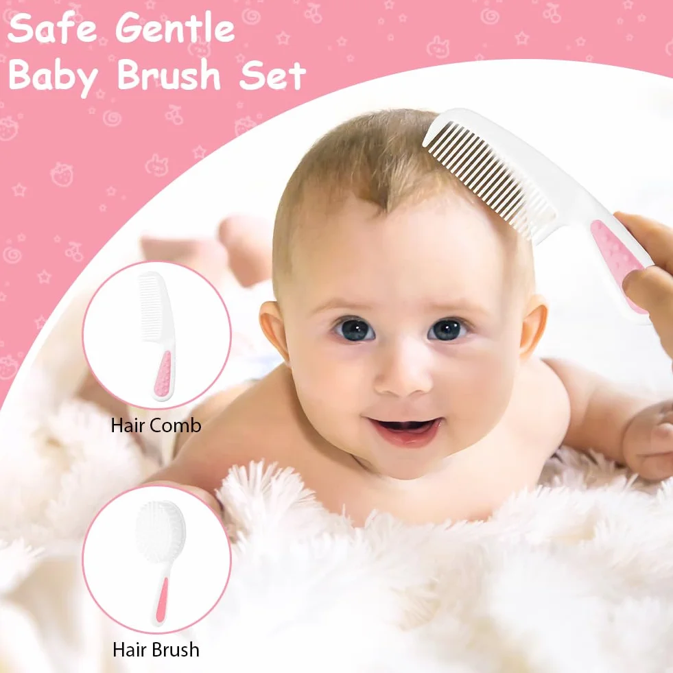 flintronic Set para Cuidado del Bebé, 14 en1, Kit de Cuidado e Higiene para Bebés, Peine, Cepillo, Cepillo de Dientes de Dedo, Cortaúñas(de Madera), Tijeras para Viaje y el Uso Diario, Rosa