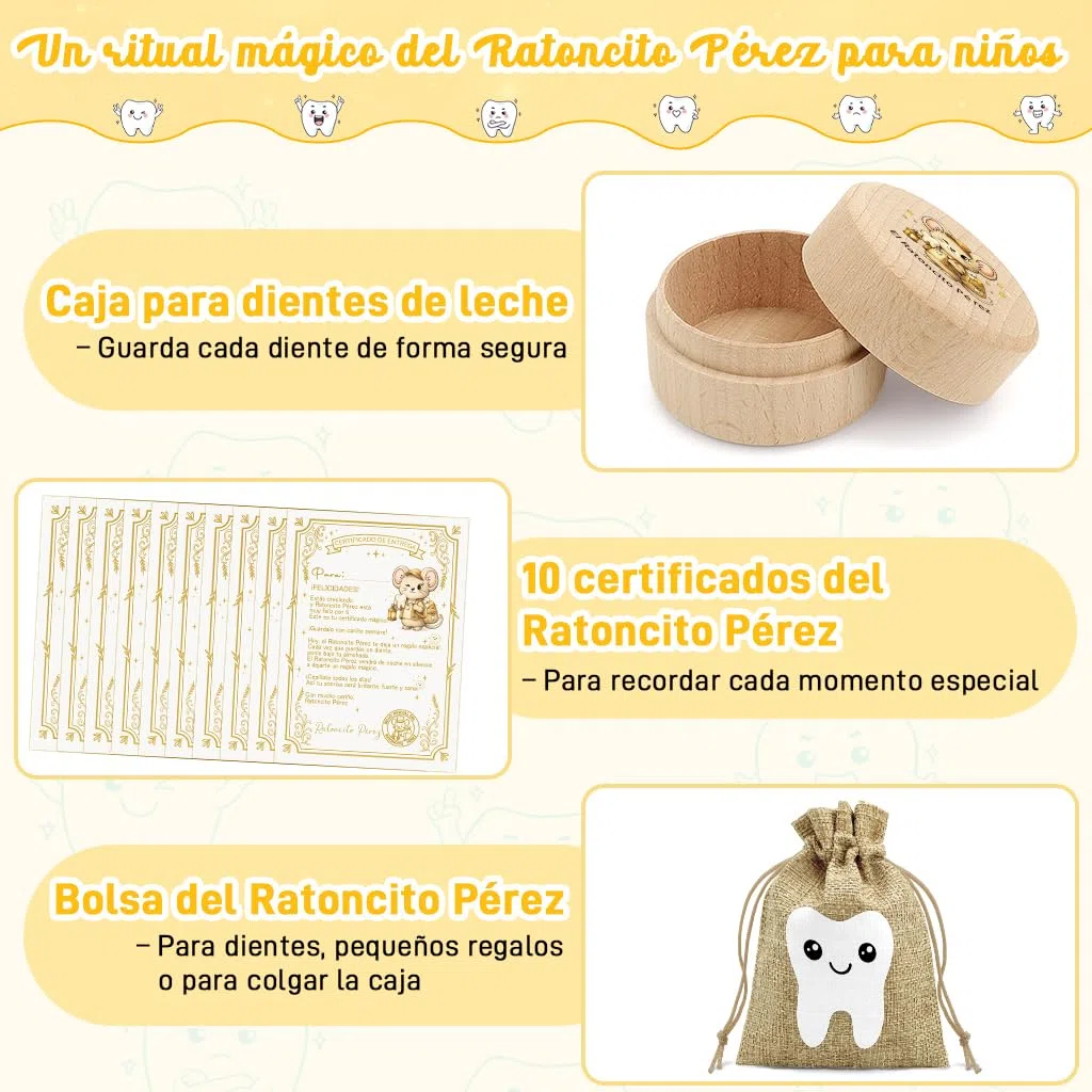 WALLFID set de 12 piezas,caja dientes de leche niño,cartas del Ratoncito Pérez,bolsita del Ratoncito Pérez,10 tarjetas del diente limpio,regalo original para niño y niña (Espagnol)