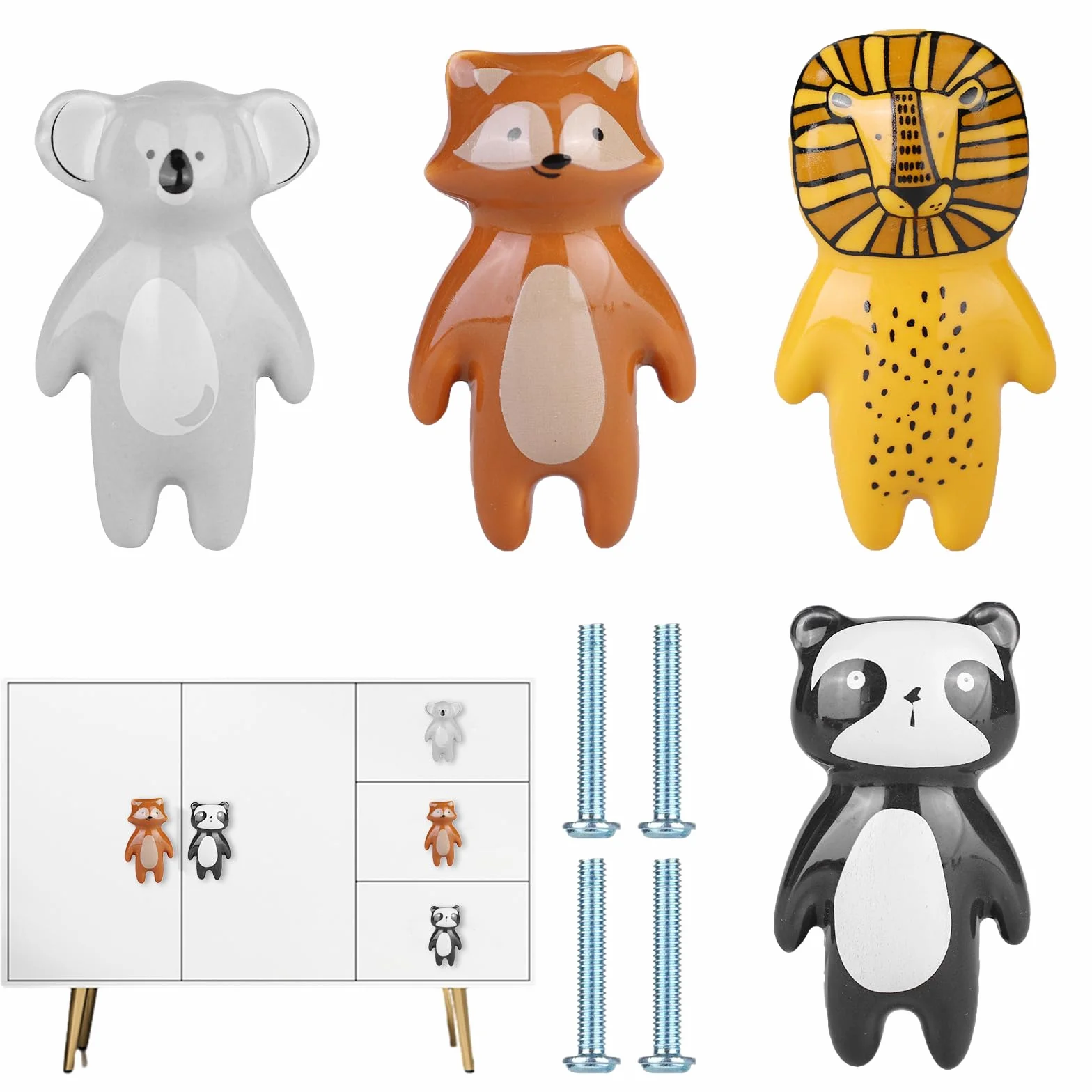 Pomos de Armario Con Forma de Animales: 4 Unidades de Tiradores de Cerámica Para Cajón, Caricatura Para Hogar, Cocina, Niños, Dormitorio
