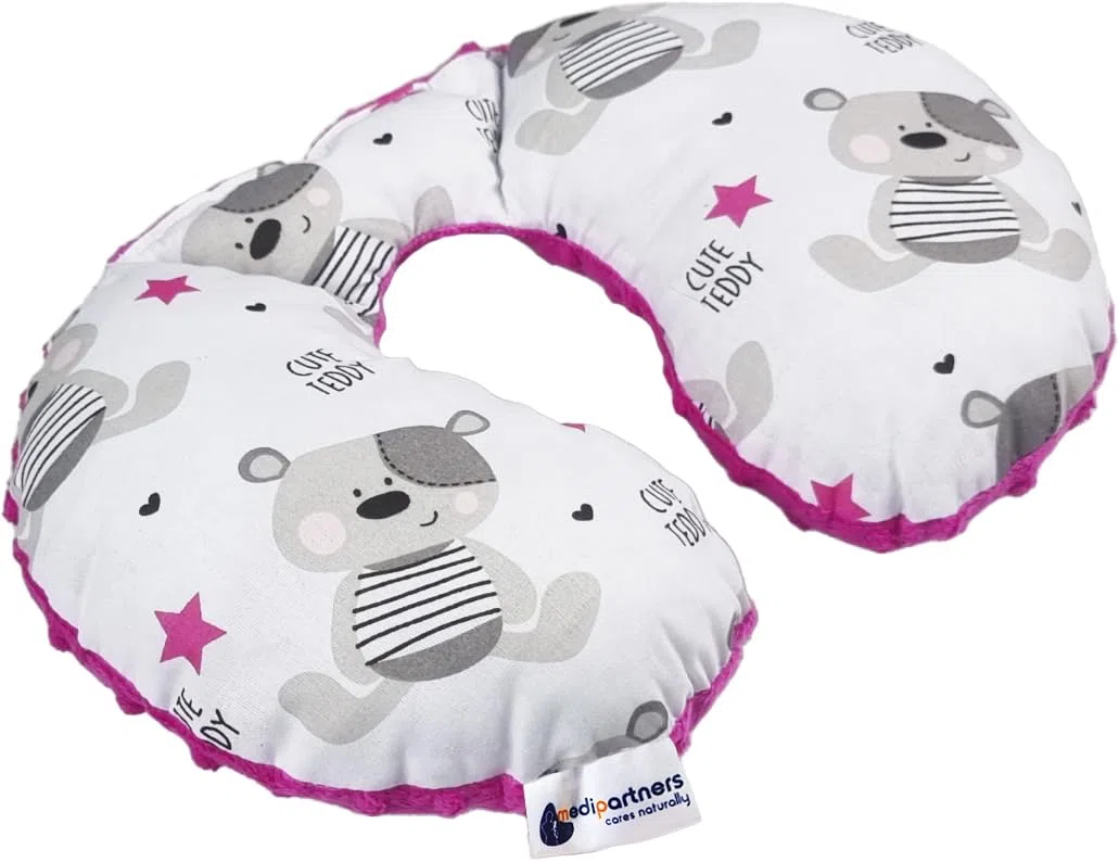 Medi Partners Almohada Cervical Coche Bebe cojin cuello niños cojín viaje - 100% Algodón/Minky Avion Neck Travel Pillow Almohadilla Cervicales Nino (Teddy con Minky rosa oscuro)