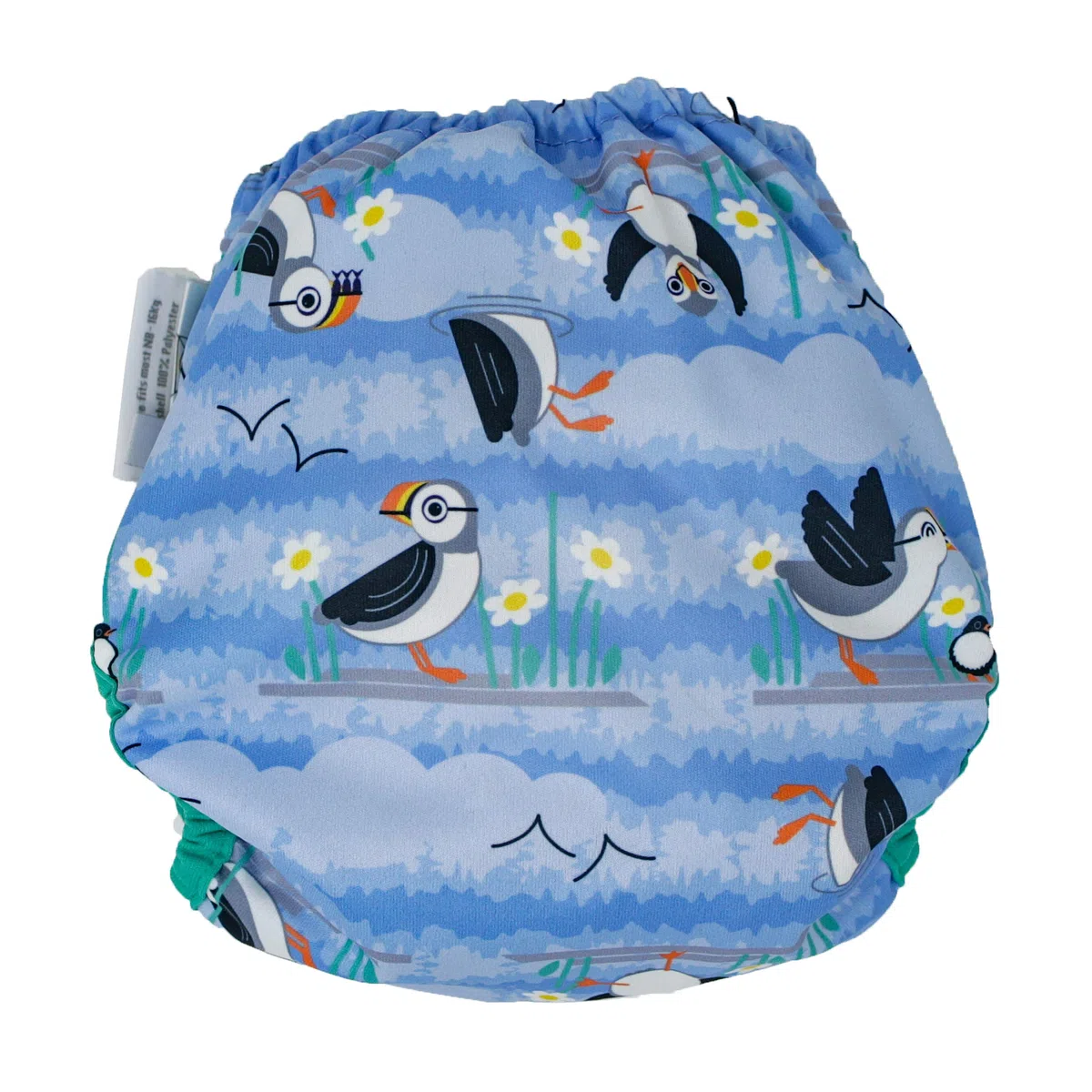 Close Pop-in Cobertor para pañal de tela reutilizable de bambú estampado Puffin, cierre corchete talla única unisex bebé.