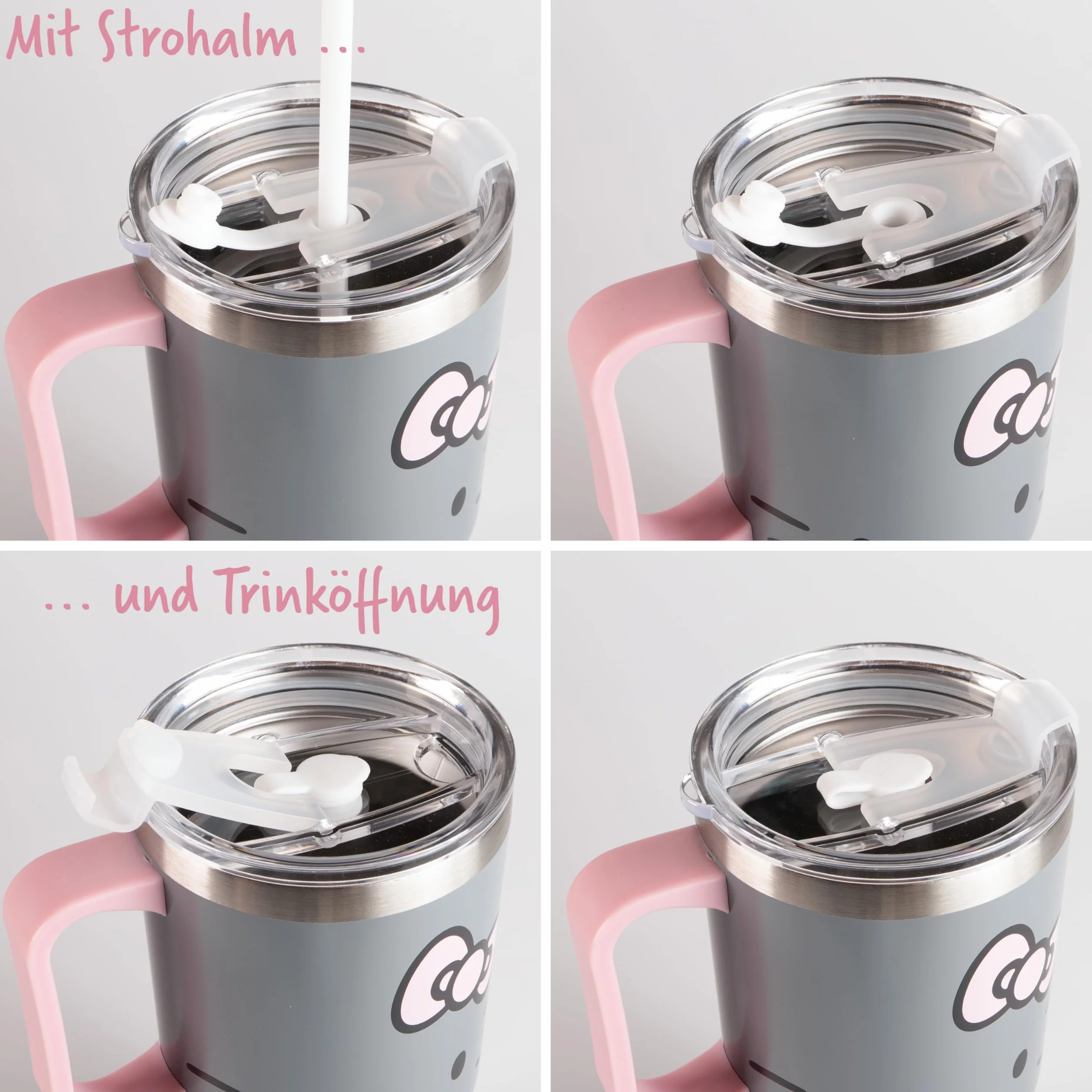 Hello Kitty - Vaso con tapa y pajita para niños, 540 ml, con asa, color gris, apto para bebidas frías