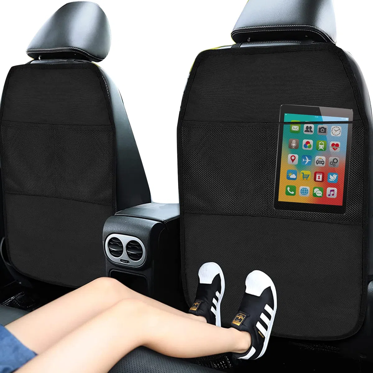 Qooloo 2 unidades de protector de respaldo para asiento de coche, impermeable, para niños, organizador para guardar cosas de niños, alfombrillas para patadas