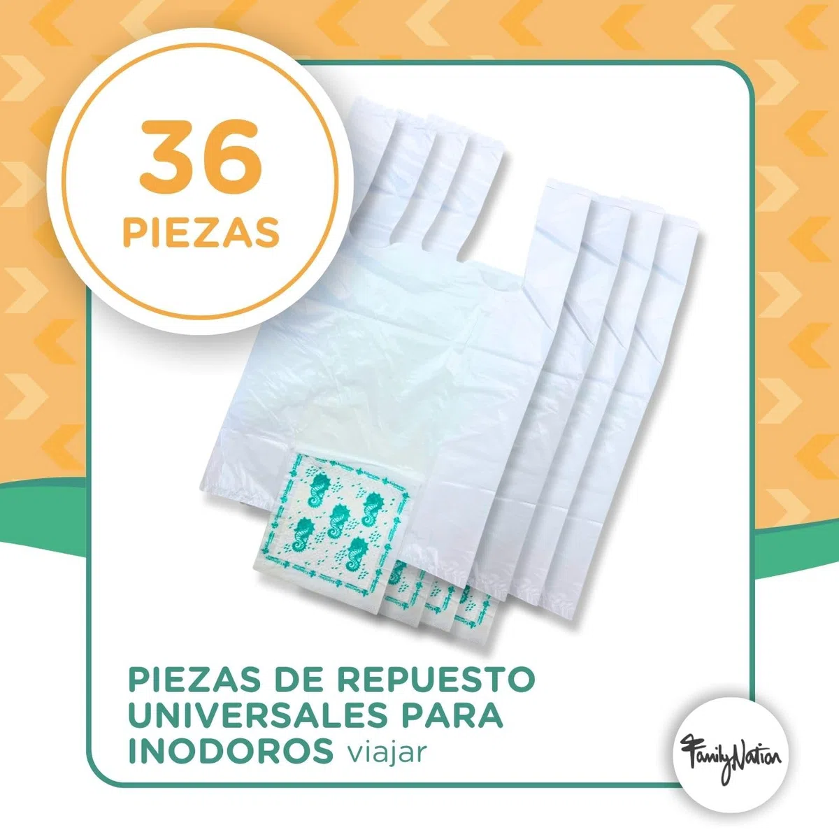 Family Nation, 36 Recambios Orinal Portátil de Viaje para Niños, Bolsas Desechables Universales y Súper Absorbentes, Adecuadas También para Potette Plus, Anti-Olor y 100% Biodegradables, 45,2x29,5 cm
