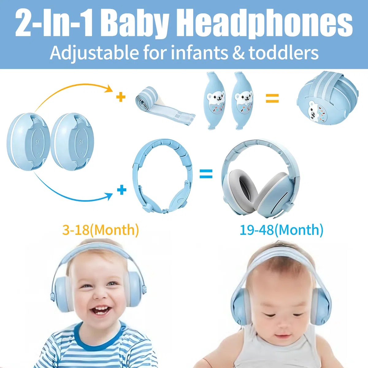 Cascos Bebe Antiruido, Con Bolsa de Transporte, para Sueño y Viajes, Protectores Auditivos Ajustables para Bebé y Niños de Hasta 48 Meses, Reducción de Ruido hasta 25dB