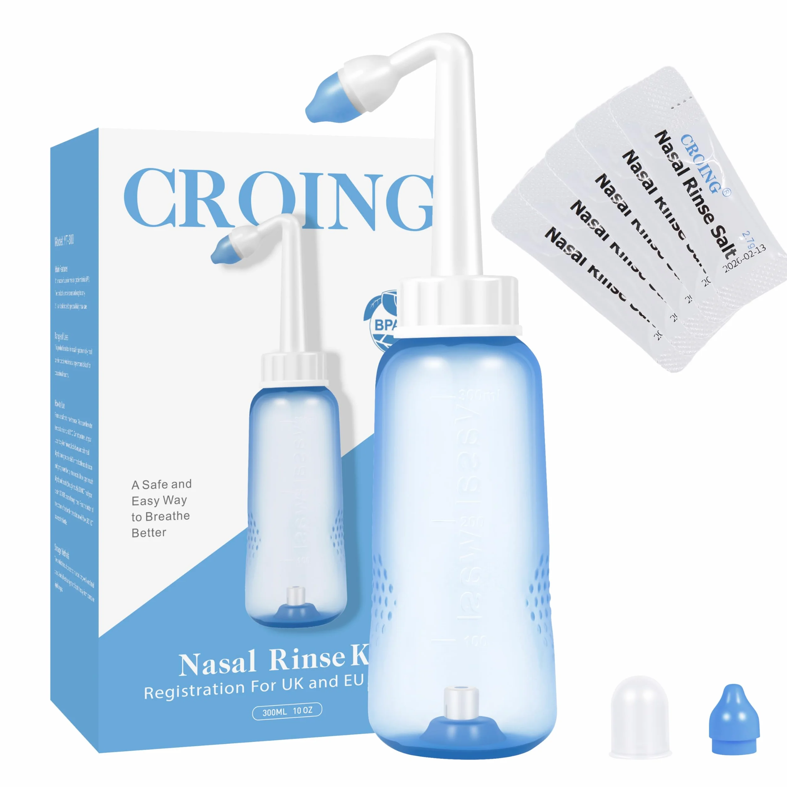 CROING 𝗟𝗮𝘃𝗮𝗱𝗼 𝗡𝗮𝘀𝗮𝗹 Botella de 300 ml + 40 Paquetes de Sal - Neti Pot, Lavado Nasal - Yoga Nasal - Nariz Limpiador