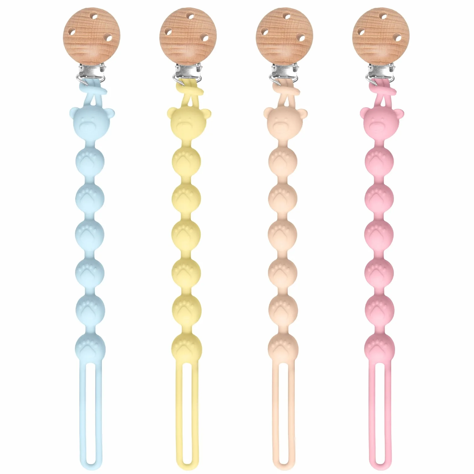 4 cadenas para chupete de silicona, flexibilidad, fácil de limpiar, cadenas para chupete y mordedor, diseño 2 en 1, cadena para chupete de madera, portátil, ayuda dental para niñas y niños