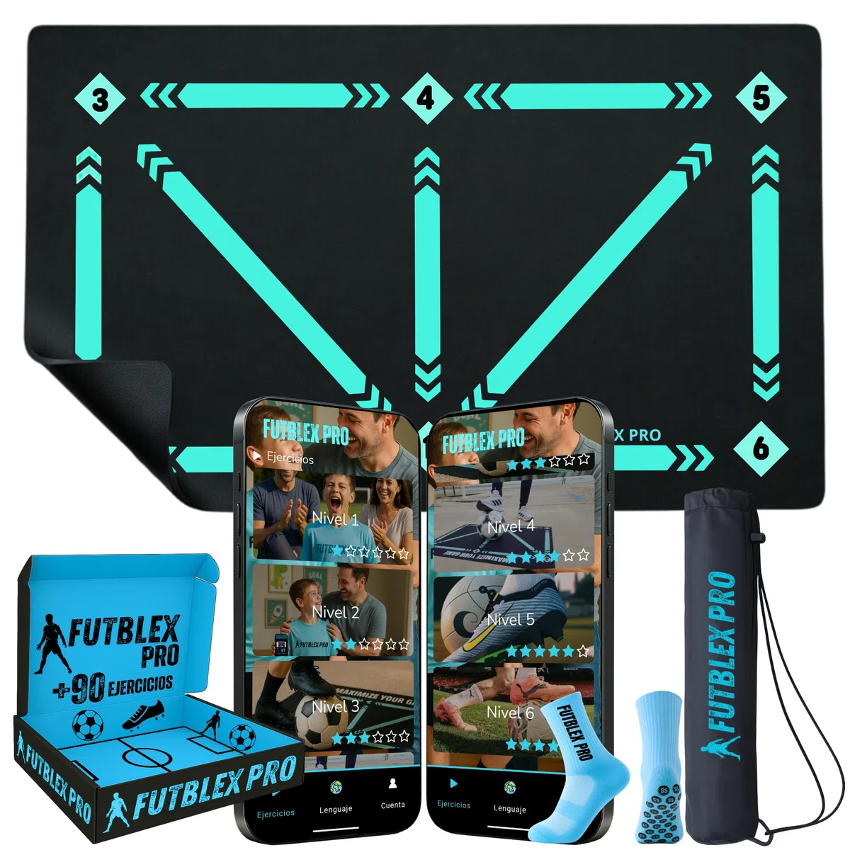 Alfombra Entrenamiento Futbol con App – Kit Completo con App para Todas Las Edades, Medias Antideslizantes, Bolsa de Transporte y Caja para Regalo