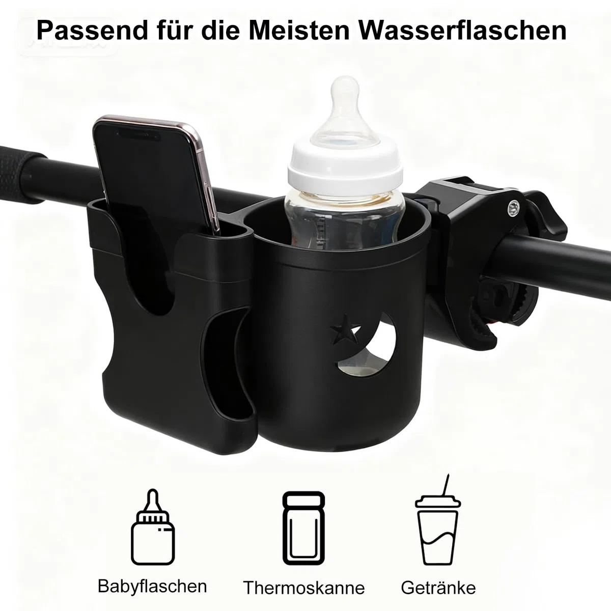 VOSSOT Portavasos Carrito Bebe, 1 Portavasos para Cochecito con 2 Ganchos para Cochecito de Bebé, con Rotación de 360 Grados, Accesorios Carrito Bebe Negro