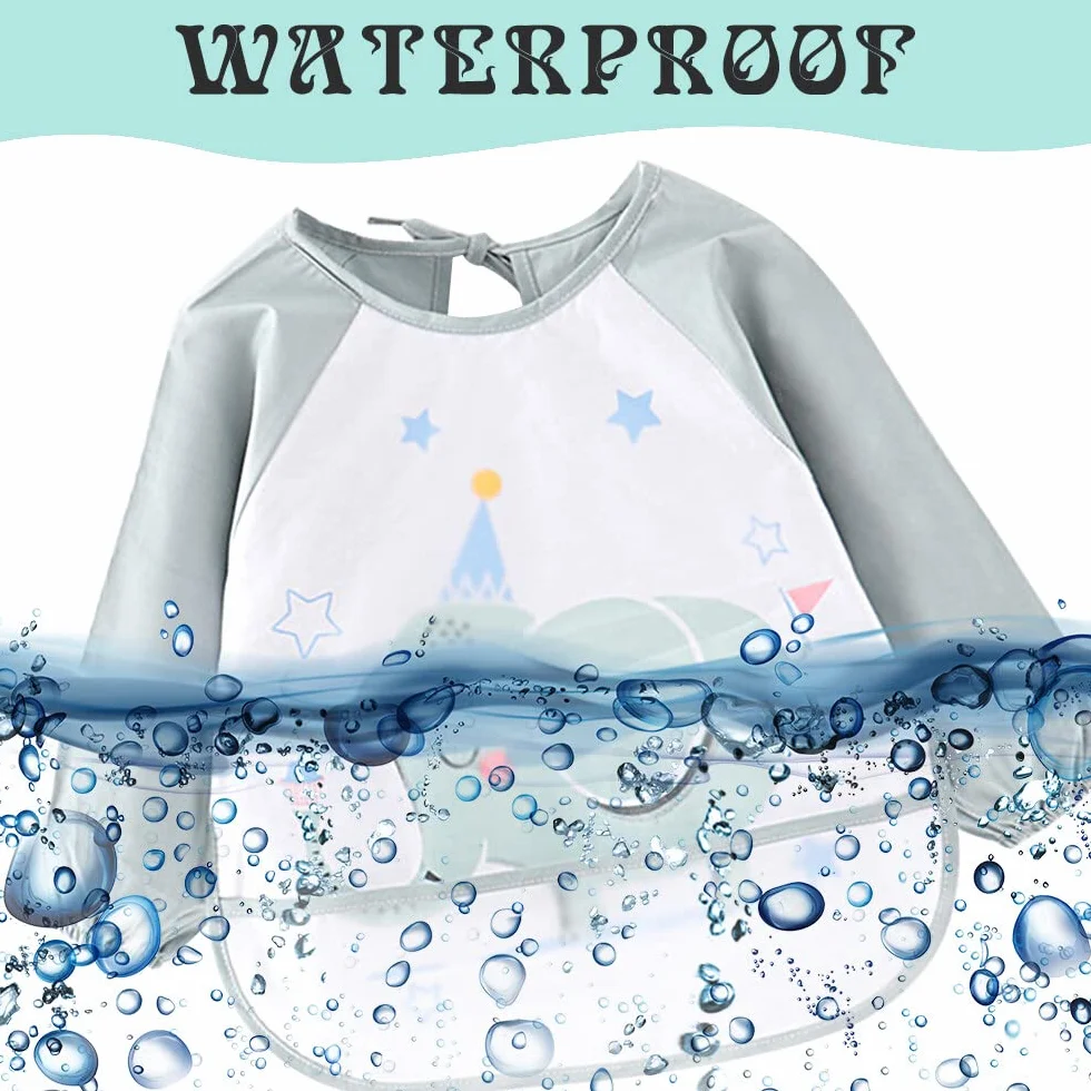 Baberos Bebe Impermeables, babero con mangas, Pack de 2 baberos de manga larga con bolsillo recoge comida, delantal para niños de 2 a 4 años, resistente a manchas y olores, azul y verde