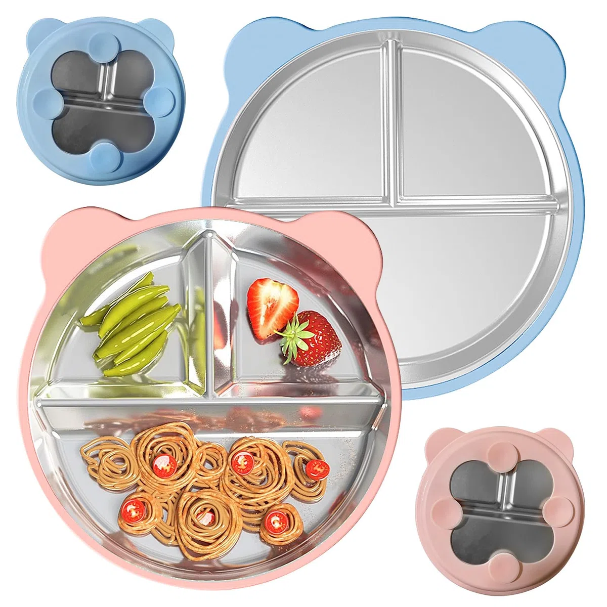 2 platos para bebés con ventosa, sin BPA, plato de acero inoxidable para bebés, plato para niños con funda de silicona extraíble (rosa +azul cielo)