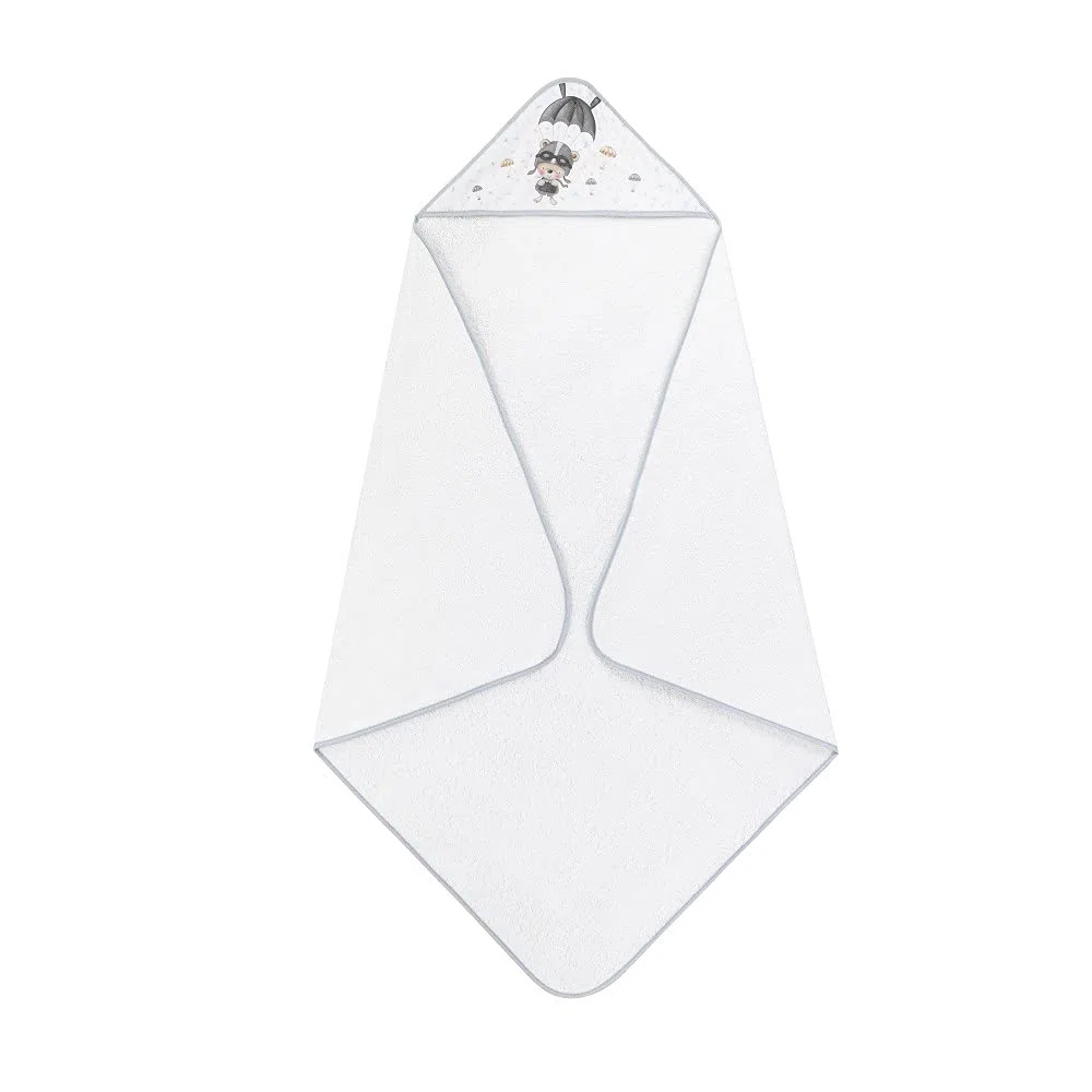 Interbaby - Capa de Baño Bebe Blanco/Gris | Toalla Bebe con Capucha 100% Algodón, 100x100cm, Unisex | Suave, Cómoda, Secado Rápido | Ideal Recién Nacidos, Bebes y Niños Pequeños | Diseño Paracaidista