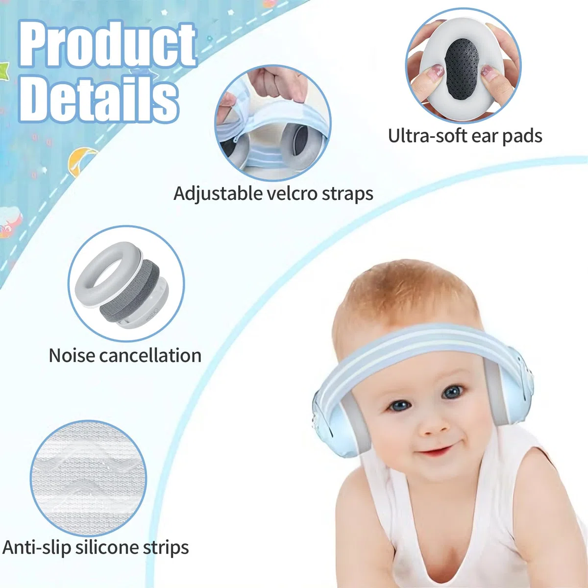 Cascos Bebe Antiruido, Con Bolsa de Transporte, para Sueño y Viajes, Protectores Auditivos Ajustables para Bebé y Niños de Hasta 48 Meses, Reducción de Ruido hasta 25dB