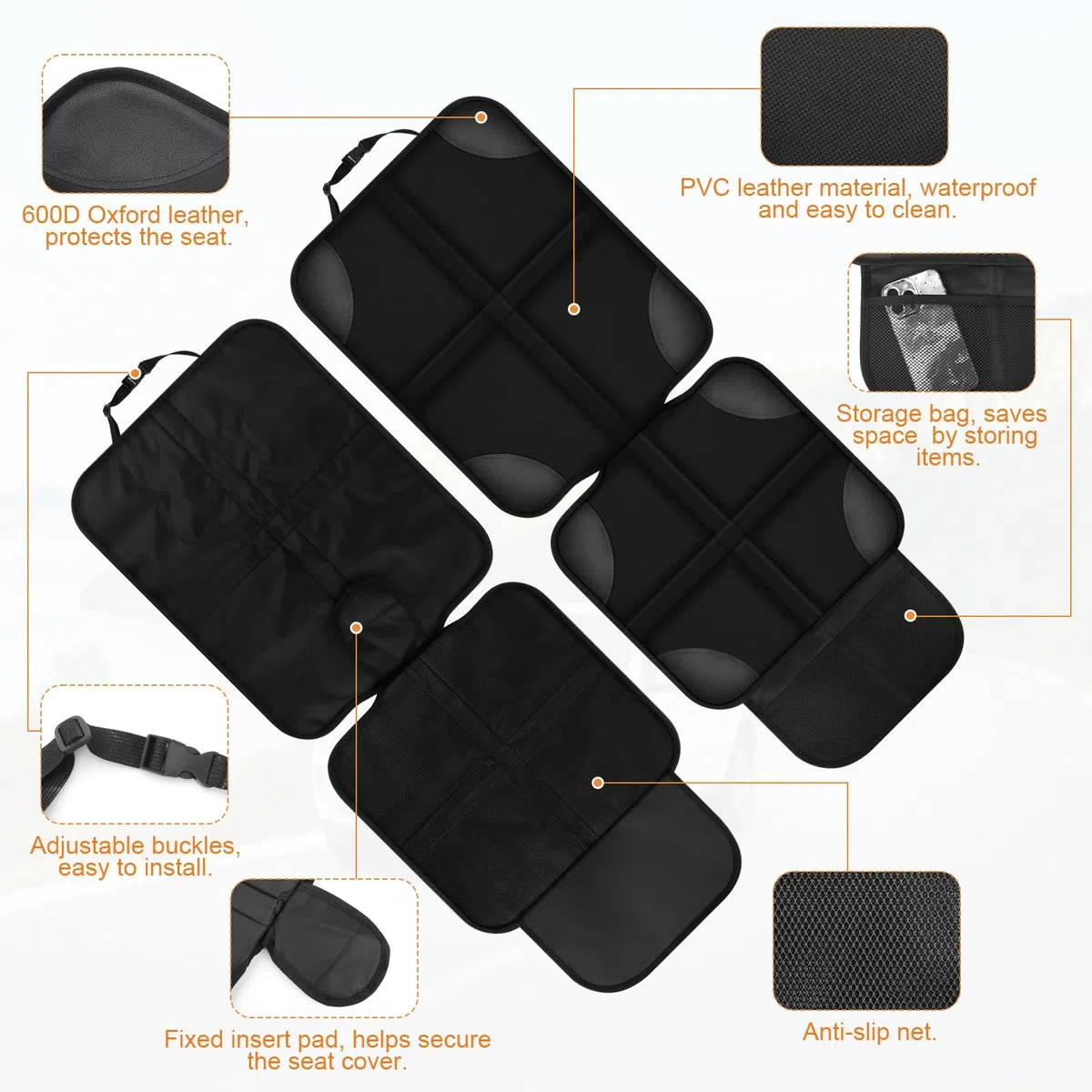 TOSAVGA Protector Asiento Coche Niños, Protectores de Asiento de Cuero Impermeables, Compatible Isofix con Organizador Bolsillos, Antideslizante Impermeable Protector Seguro Respaldo, para SUV, sedán