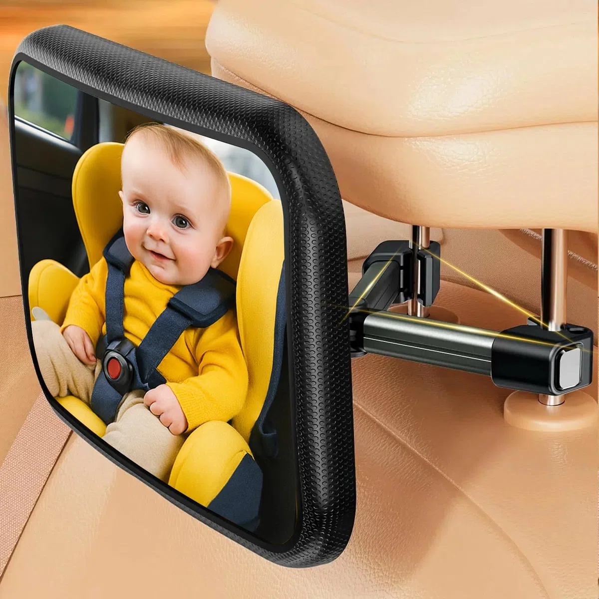 Espejo Coche Bebe con Sujeción Clip de Gancho, 360° Giratorio Ajustable, 100% Irrompible, Vista Cristalina, Seguridad Accesorios, Antivibración, Retrovisor para Asiento Trasero