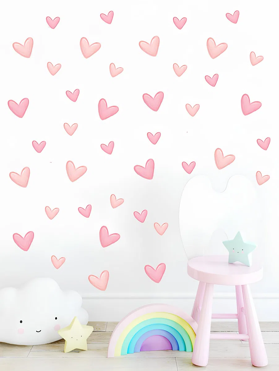 Set de 60 Pegatinas Infantiles Decorativas de Vinilo Adhesivo para Pared - Diseño de Corazones Rosa Adhesivos estilo Acuarela para Decoracion Habitacion Niño, Niña
