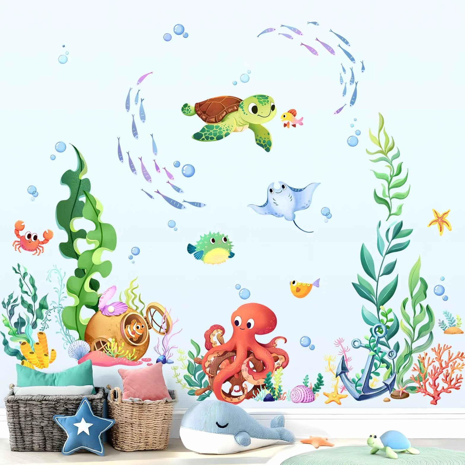 Supzone Pegatinas de Pared Bajo el Mar Peces Vinilos Decorativos Tortugas Algas Adhesivos Decoración para Niños Habitación Guardería Bebé Baño Dormitorio