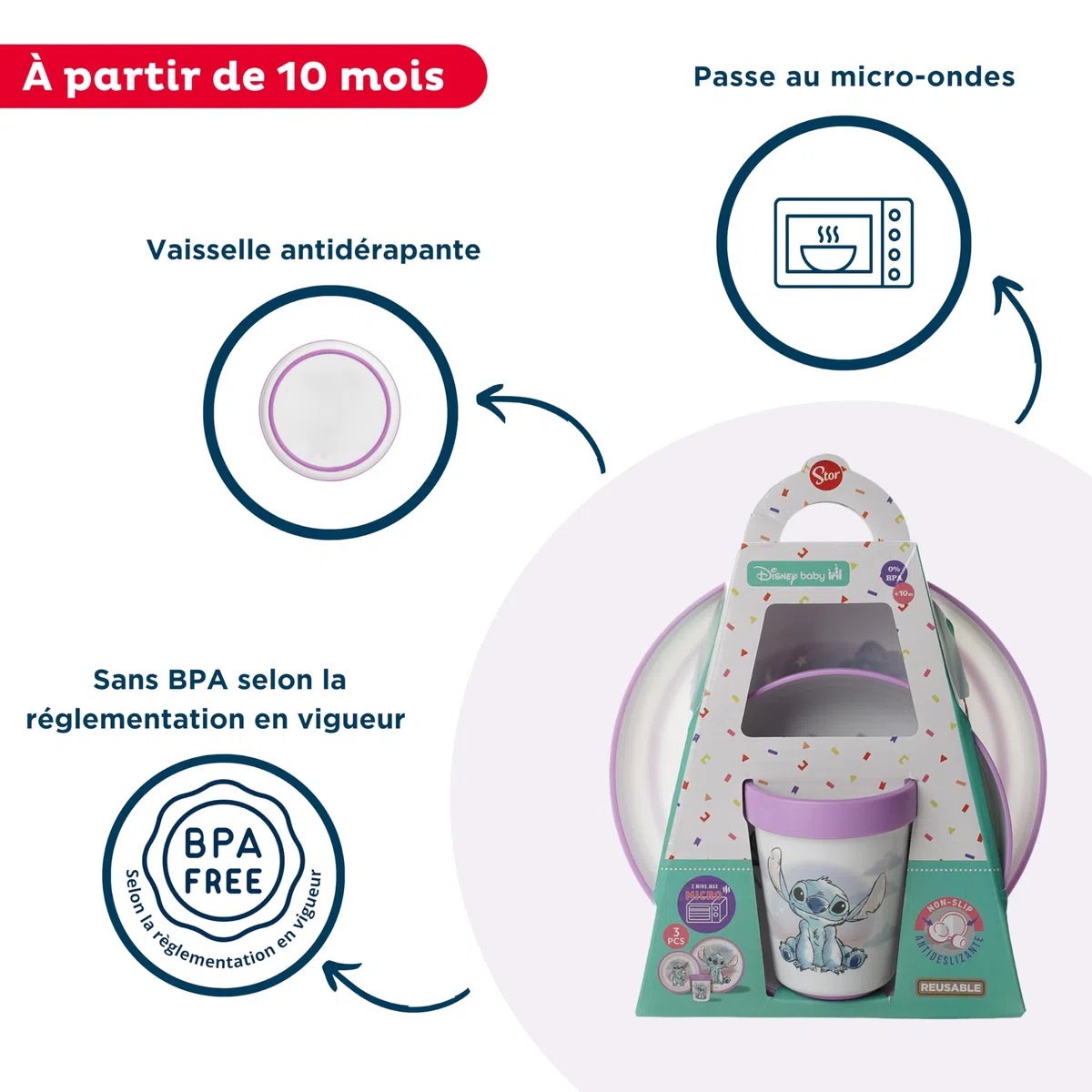 STOR Vajilla Infantil Antideslizante Stitch - Set 3 Piezas Plato Cuenco Vaso 260ml - Plastico sin BPA Apto Microondas - Disney Baby
