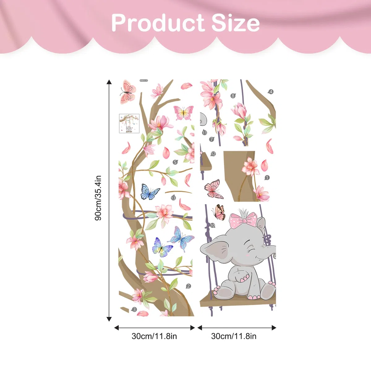 Tanlaby Rosa Columpio Elefante Vinilo Pared, Rama Flores Rosas Mariposas Pegatinas de Pared Caricatura Autoadhesivo Removible Vinilos Decorativos para Dormitorio de Niña Guardería Decoracion Pared