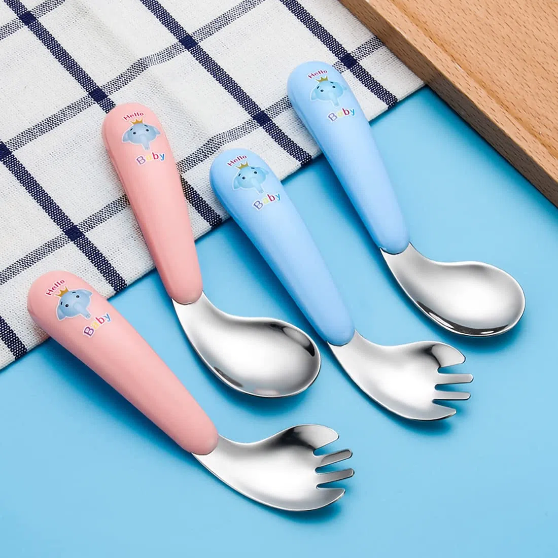 4 Pieza Cubiertos Bebe,Cubertería Infantil,Cuchara Autodidacta,Cubiertos Infantiles Acero Inoxidable,Anime a los niños a desarrollar su propia capacidad para comer