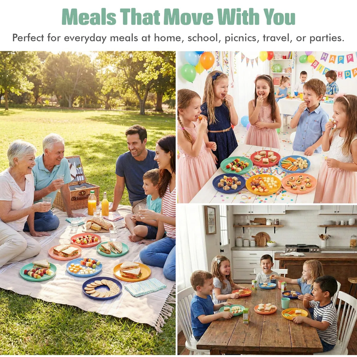 MASTERCOOK Juego de platos para niños, 6 platos de plástico reutilizables, plástico de grado alimenticio sin BPA, apto para lavavajillas y microondas, juego de platos multicolor para niños, 7 pulgadas