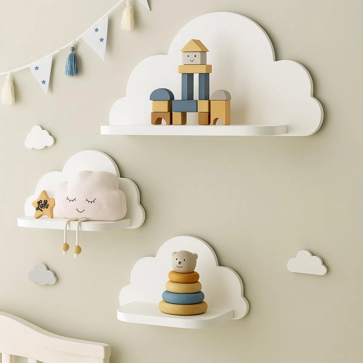 Montessori - Estantería de pared para habitación infantil (3 unidades, montaje sencillo y respetuoso con el medio ambiente), color blanco