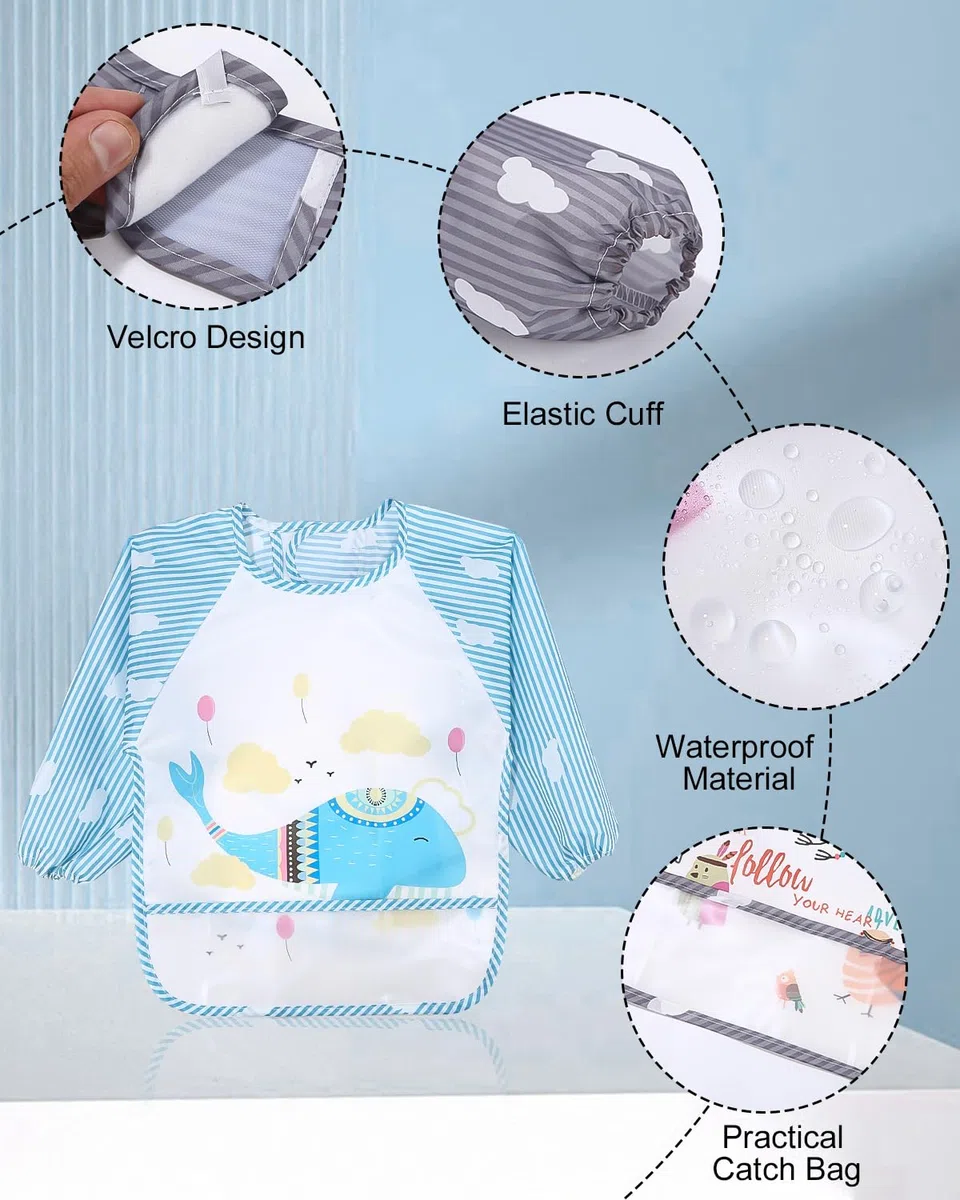 Conjunto de 5 Abero con Mangas Impermeable,Babero de Manga Larga de Bebé con Bolsillo Recoge Comida,con Mangas Impermeable Delantal de Bebé Lavables,para Pintar Artes Bebe Unisex 6 a 36 Meses