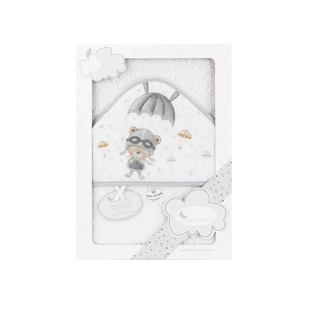 Interbaby - Capa de Baño Bebe Blanco/Gris | Toalla Bebe con Capucha 100% Algodón, 100x100cm, Unisex | Suave, Cómoda, Secado Rápido | Ideal Recién Nacidos, Bebes y Niños Pequeños | Diseño Paracaidista