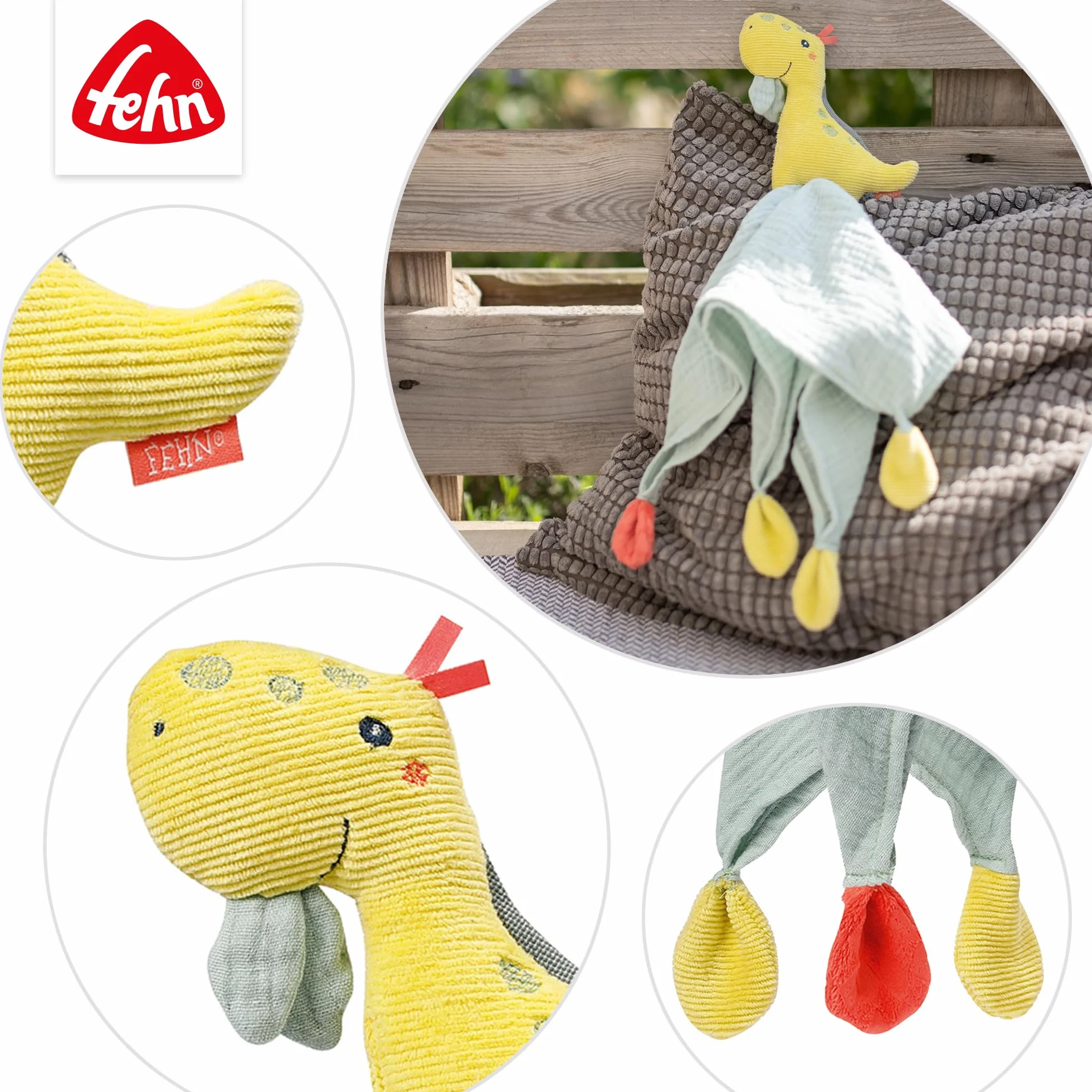 Fehn 051032 Schmusetuch Dino – Spielkamerad, Einschlafhilfe & Stofftier-Schnuffeltuch mit Baumwolle-Musselintuch & Spielfigur Zum Knuddeln, Greifen & Liebhaben – für Babys & Kleinkinder AB 0+ Monaten