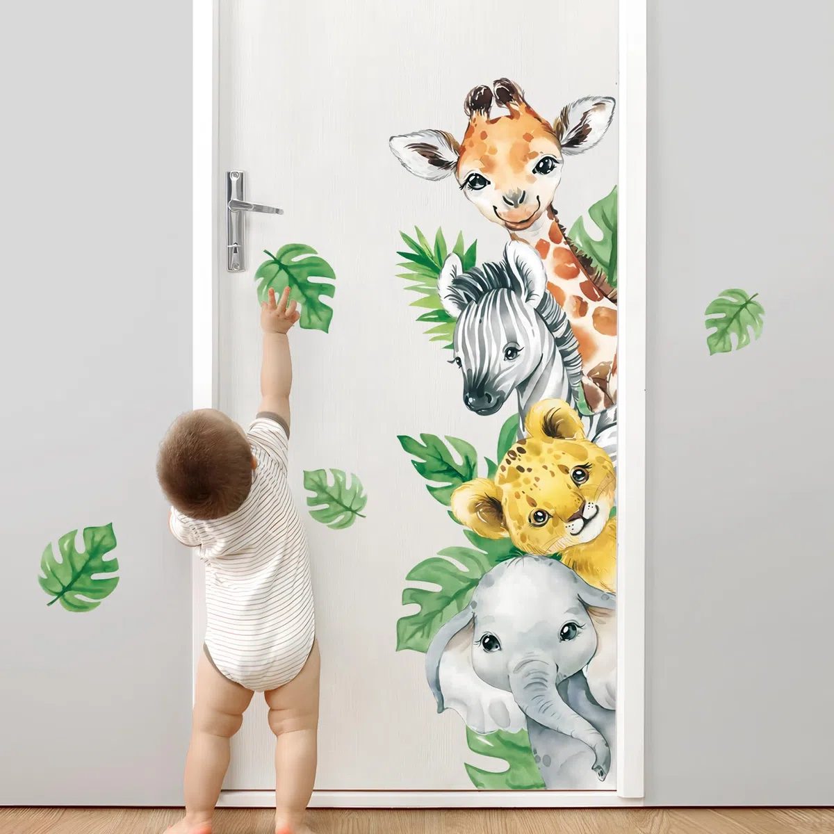 Tanlaby Pegatinas de Pared Animales de la Selva Jungla Murales Vinilos Infantiles Adhesivos Vinilos Jirafa Cebra Hojas Verdes Decorativos Pared para Bebé Habitación Cuarto de Jugar Guardería