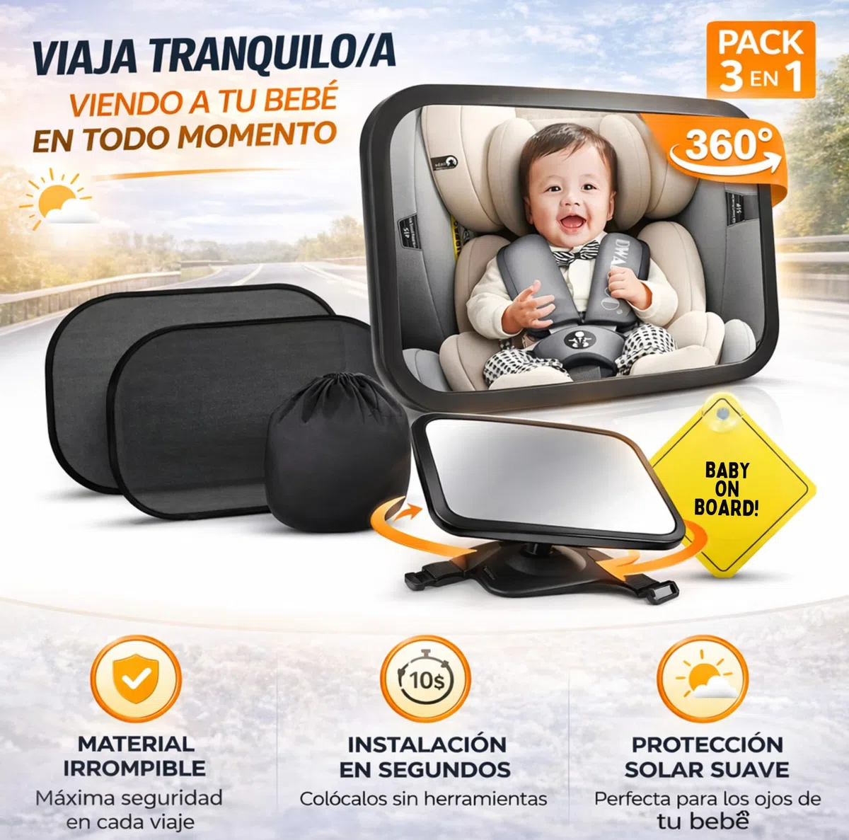 | BEBIKIS® SUPER PACK De Espejo Coche Para Bebe 100% IRROMPIBLE Para Asiento Trasero Con ROTACIÓN 360º + 2 Parasoles + Placa Baby On Board | Espejo Para Ver Al Bebé a Contramarcha En El Coche