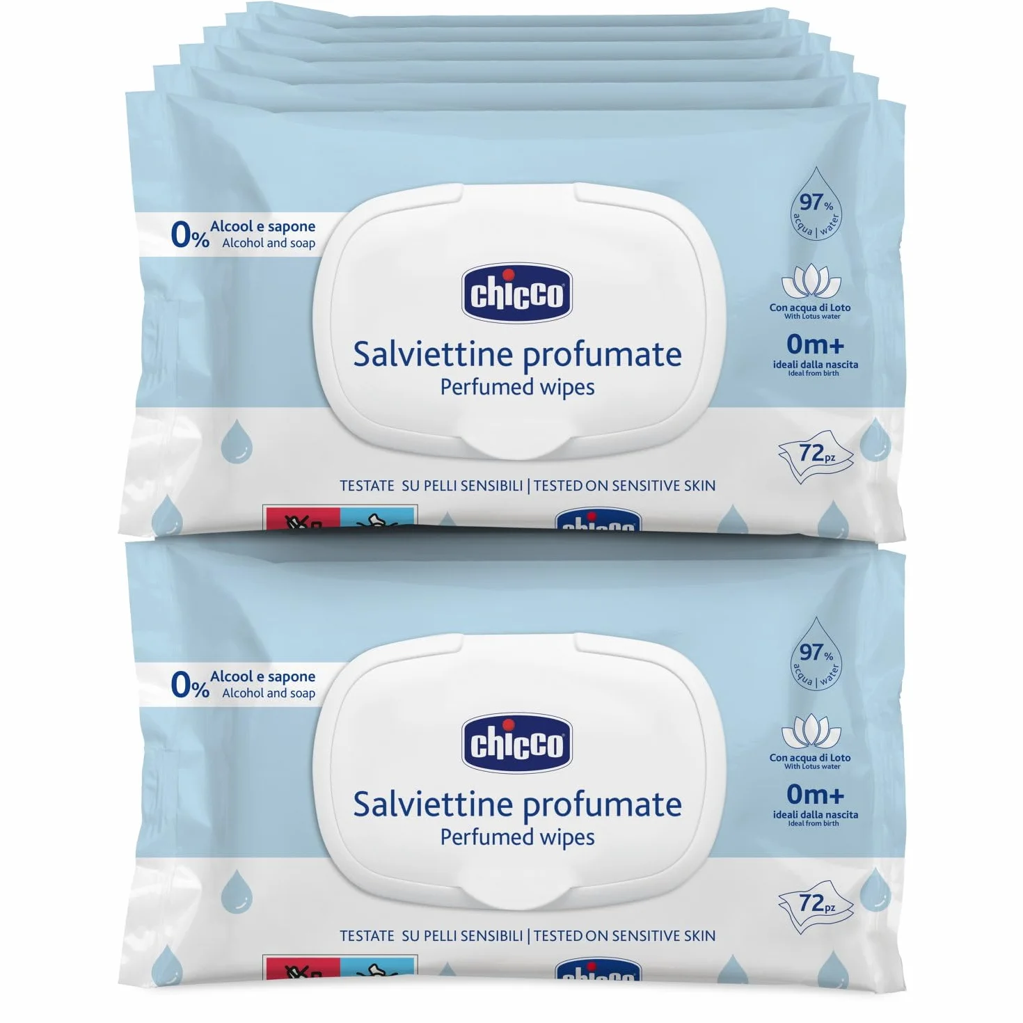 Chicco Toallitas Multiuso Para Bebés Con Clip - Sin Alcohol, Perfumadas, Adecuadas Para Pieles Sensibles - Megapack de 864 Unidades, 12 Paquetes de 72 Cada Uno