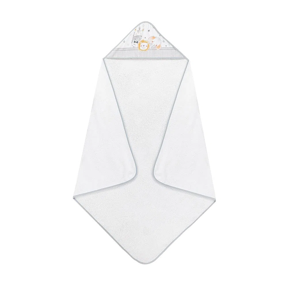 Interbaby - Capa de Baño Bebe Blanco/Gris | Toalla Bebe con Capucha 100% Algodón, 100x100cm, Unisex | Suave, Cómoda, Secado Rápido | Ideal Recién Nacidos, Bebes y Niños Pequeños | Diseño Animalitos