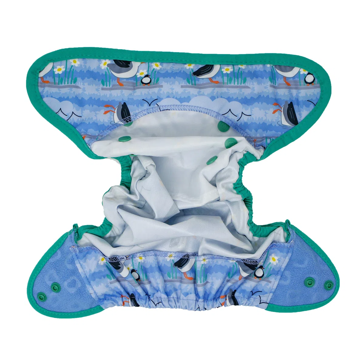 Close Pop-in Cobertor para pañal de tela reutilizable de bambú estampado Puffin, cierre corchete talla única unisex bebé.
