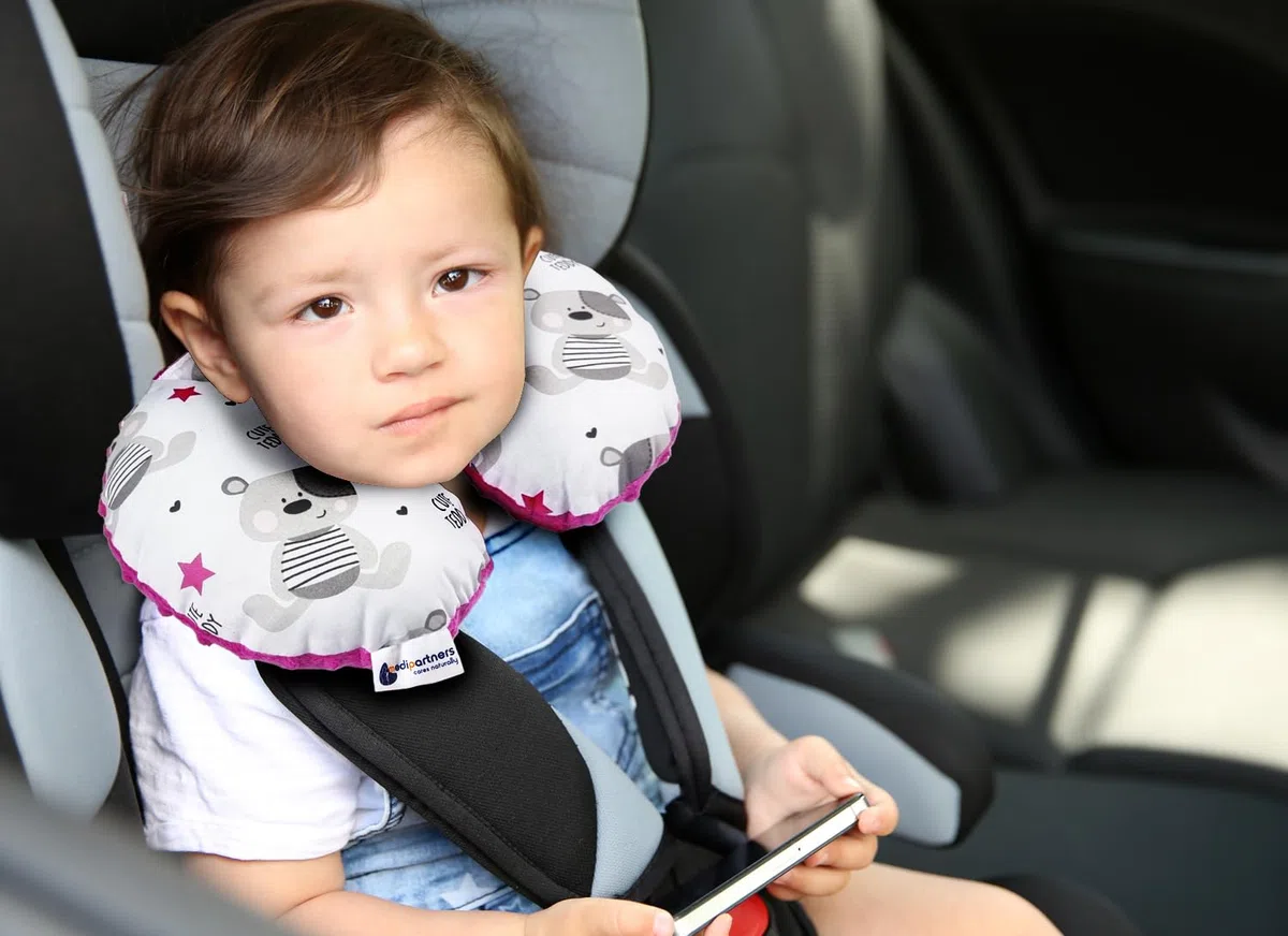 Medi Partners Almohada Cervical Coche Bebe cojin cuello niños cojín viaje - 100% Algodón/Minky Avion Neck Travel Pillow Almohadilla Cervicales Nino (Teddy con Minky rosa oscuro)