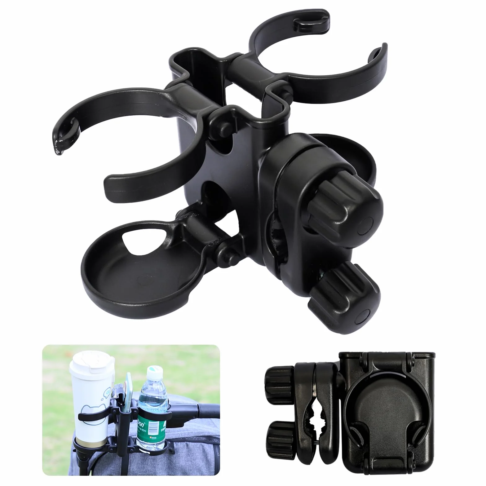 Vihir Portavasos Carrito Bebe, 3 en 1 Plegable Portabotellas para Sillas de Ruedas, Universal Soporte de Bebidas para Cochecito, Bicicletas, Scooters, con Soporte para Teléfono Móvil