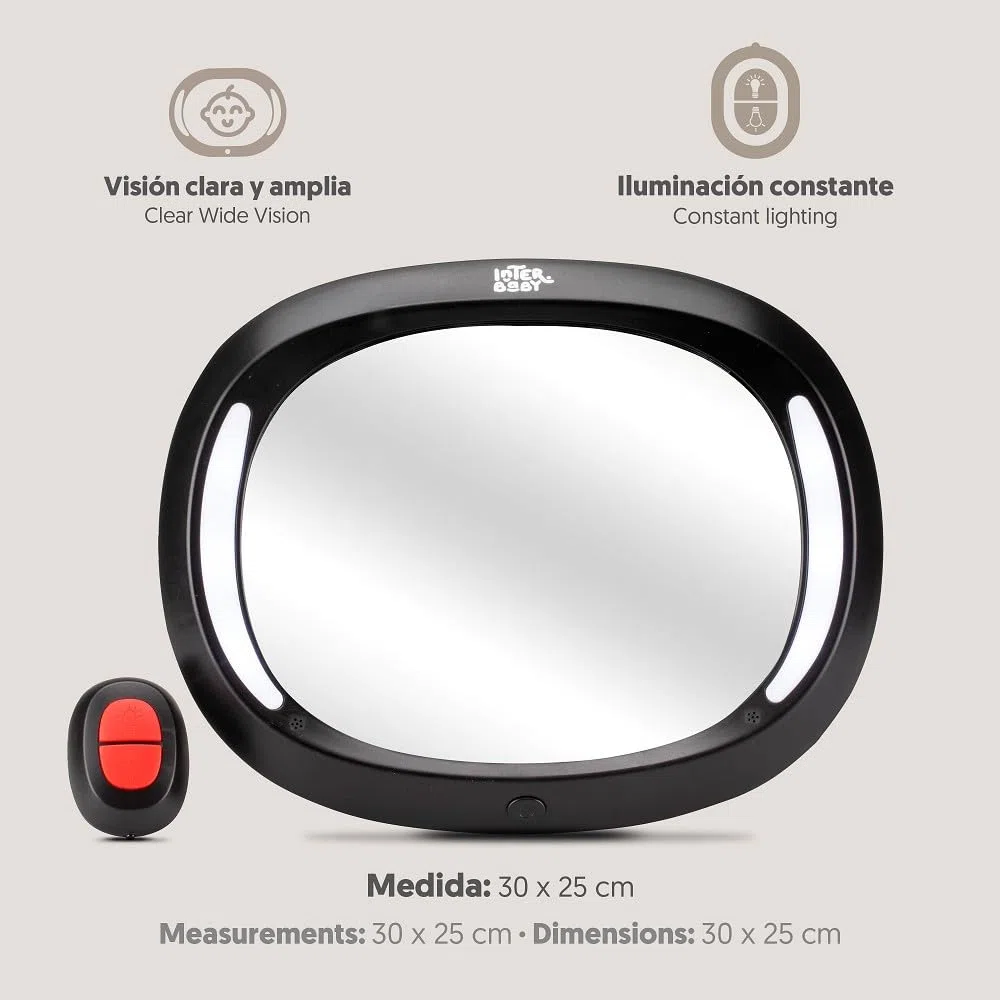 Espejo Coche Bebe con Luz LED Interbaby | Irrompible, Rotación 360º, Ajuste Universal | Espejo Retrovisor Asiento Trasero para Bebes, Instalación Fácil, Mando a Distancia, Negro