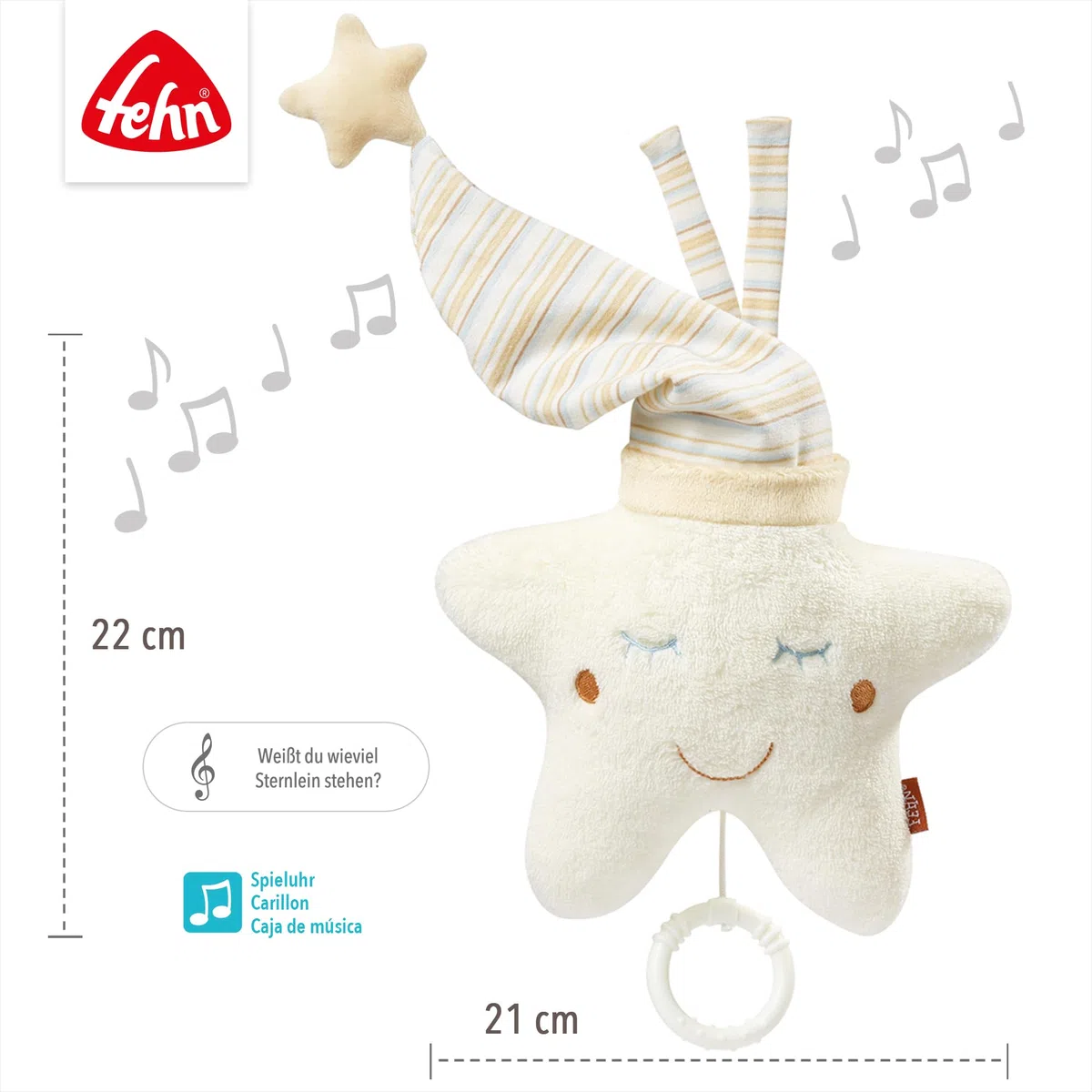 Fehn caja de música estrella - Peluche y Ayuda para Dormir: Caja con cuerda y suave melodía Sabes cuántas estrellas hay, reconforta en cualquier situación - para bebés y niños pequeños desde 0 meses