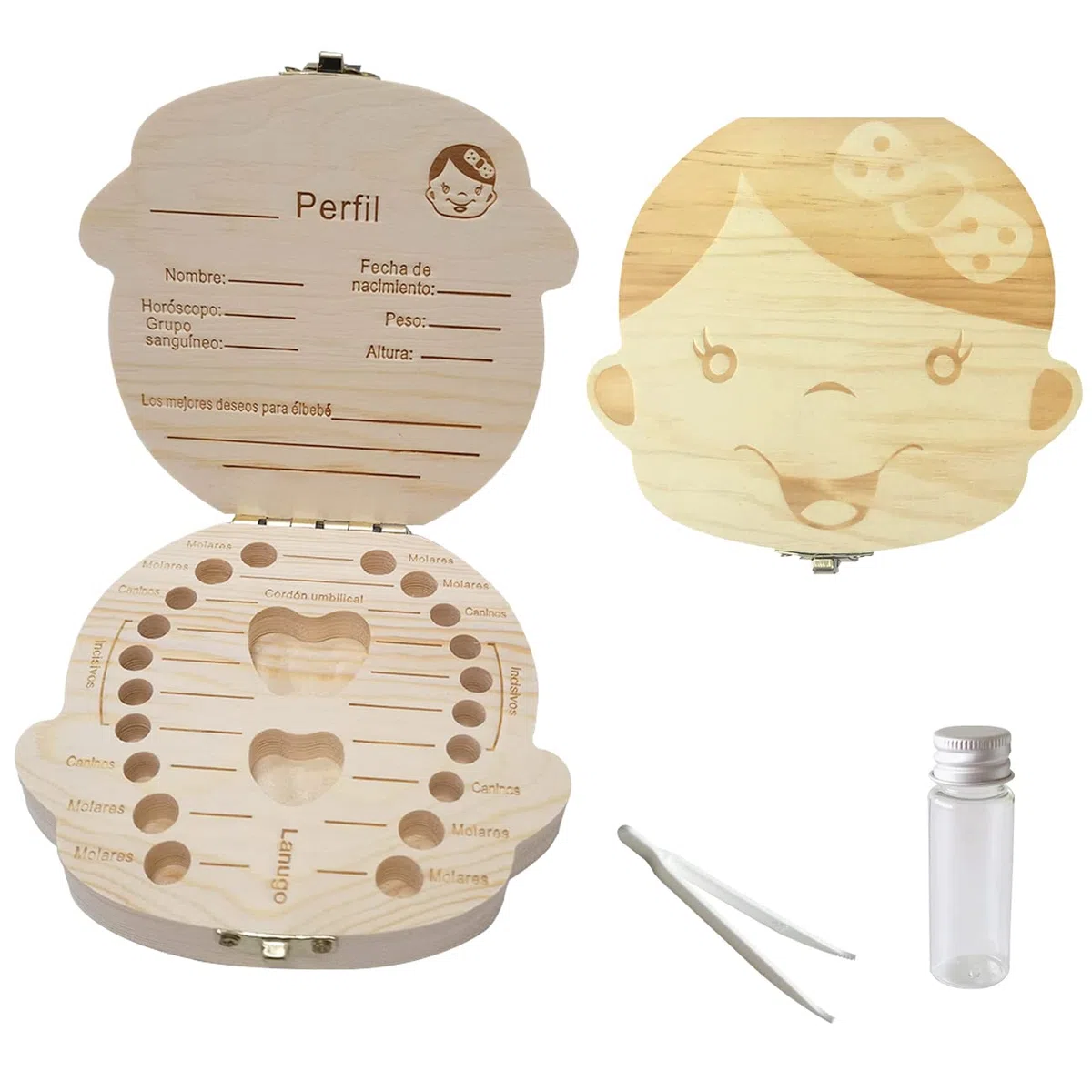 Caja para guardar dientes para niños, Regalo en madera de souvenir, Acumulación de dientes (Niña)