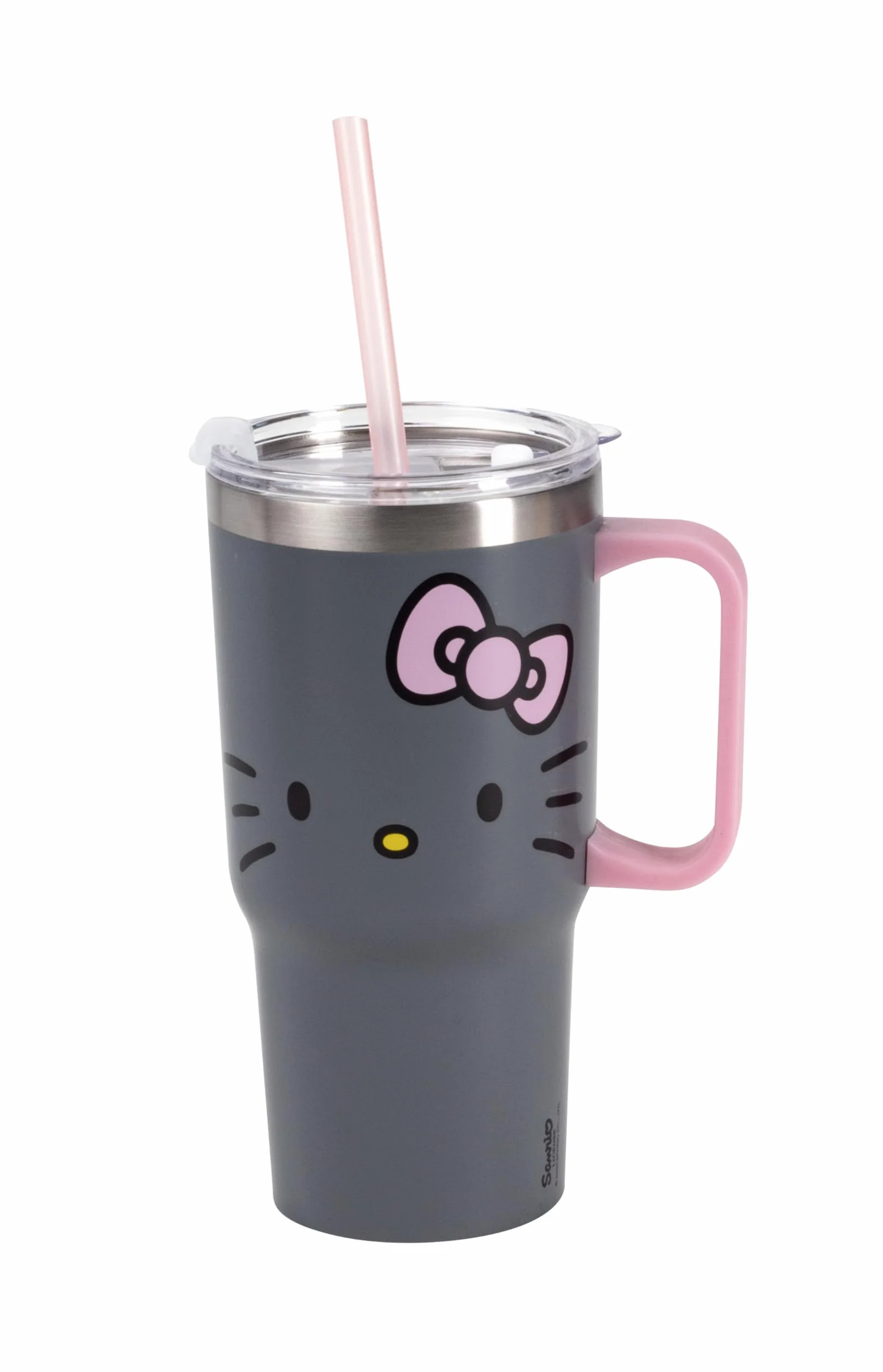 Hello Kitty - Vaso con tapa y pajita para niños, 540 ml, con asa, color gris, apto para bebidas frías
