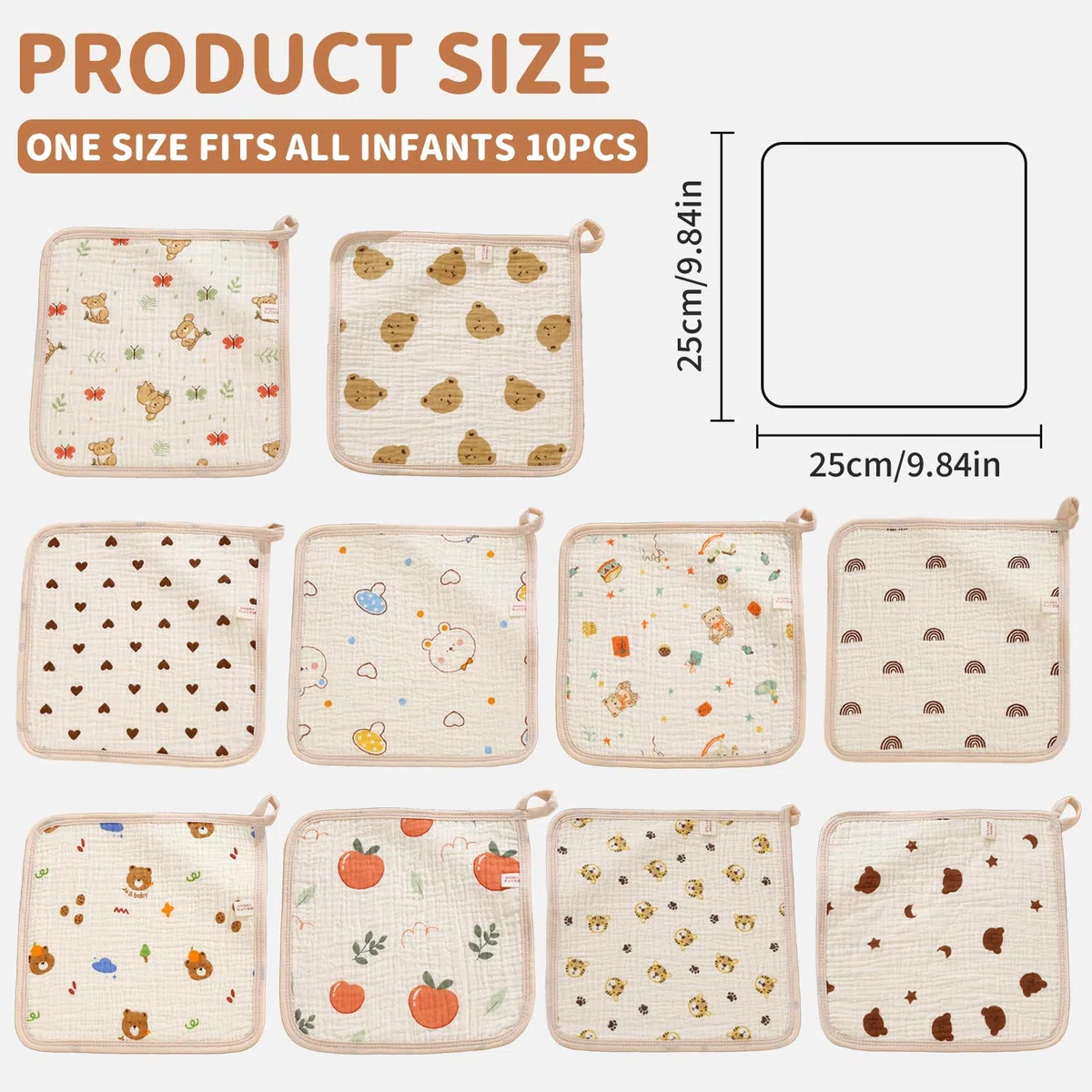 10 Piezas Muselinas Bebé Algodon 25x25 cm, Suaves Absorbentes Transpirable Paños de Muselina para Bebé, Reutilizables Gasas para Bebes Nacidos Blanco