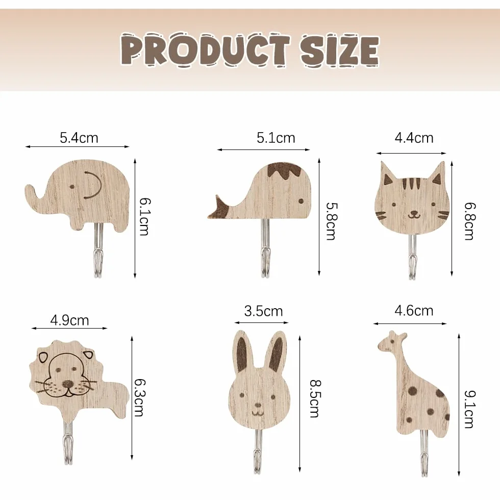 Perchero Infantil Pared Madera Animales Diseño Adorable Colgador Adhesivo Bebé Dormitorio Perchas Adhesivas Fuertes Decoración Infantil (6 piezas)