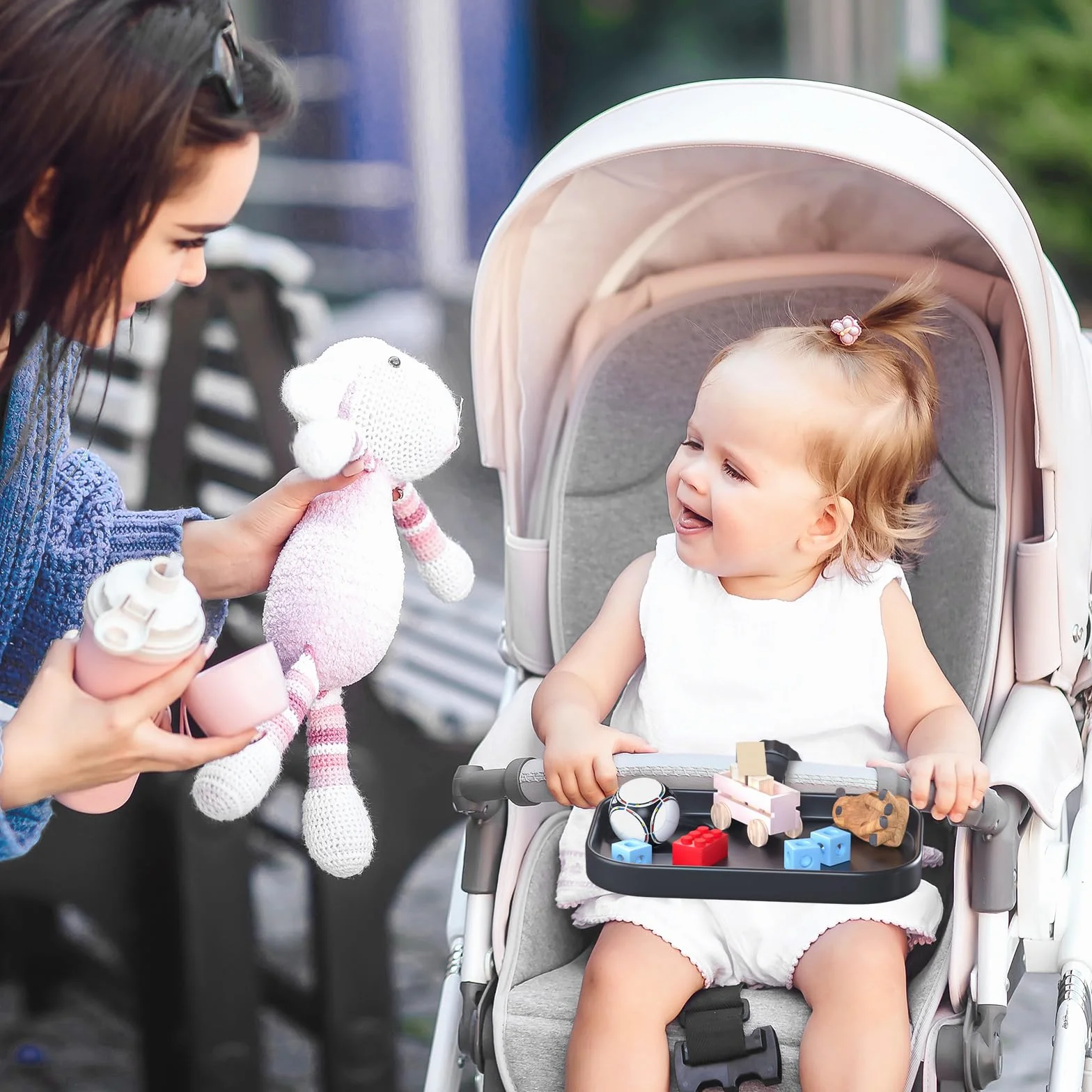 KDD Universal Bandeja de bocadillos Cochecito, 2-1 Bandeja para Cochecito con Portavasos, Accesorio para Bandeja Organizadora, Compatible con Carrito de la Compra Uppababy, Baby Jogger, Britax, Bob