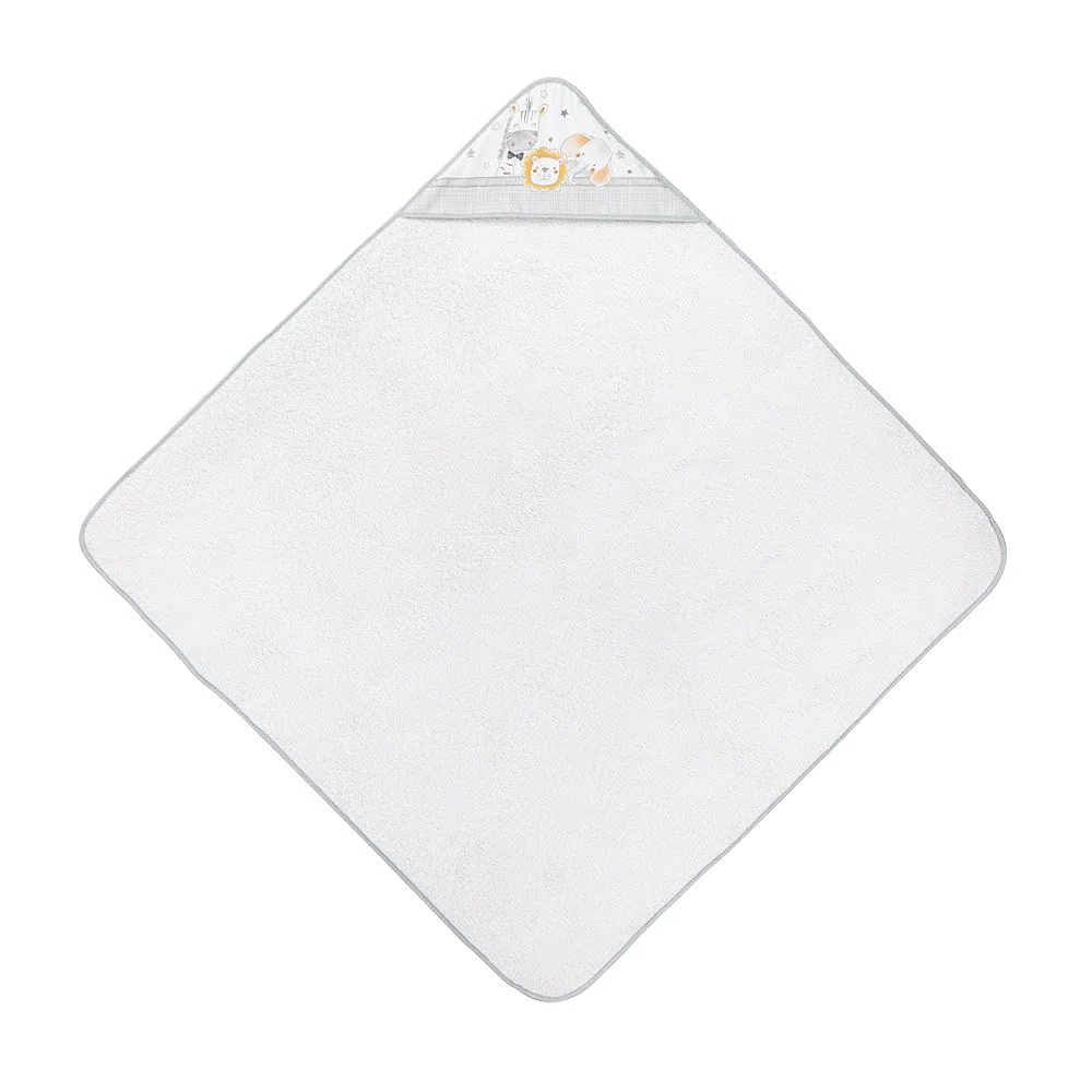 Interbaby - Capa de Baño Bebe Blanco/Gris | Toalla Bebe con Capucha 100% Algodón, 100x100cm, Unisex | Suave, Cómoda, Secado Rápido | Ideal Recién Nacidos, Bebes y Niños Pequeños | Diseño Animalitos