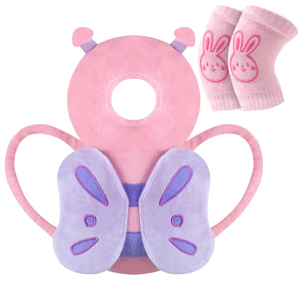 Vicloon Protector de Cabeza para Bebe, Cojín Protector Seguridad Bebe con Rodilleras, Ajustable Almohada Protección Bebe, Protección para Cabeza y Espalda del Niños para Gatear y Caminar-Mariposa rosa