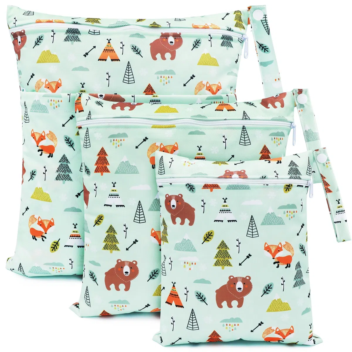 Bolsas Pañales Impermeables, 3 PCS Bolsa Muda Bebe, Wetbag Portátil para Mamá, Organizador de Colgar de Maquillaje Viaje Playa Piscina, Wet Bag de Tela Reutilizable Lavable (Oso Verde)