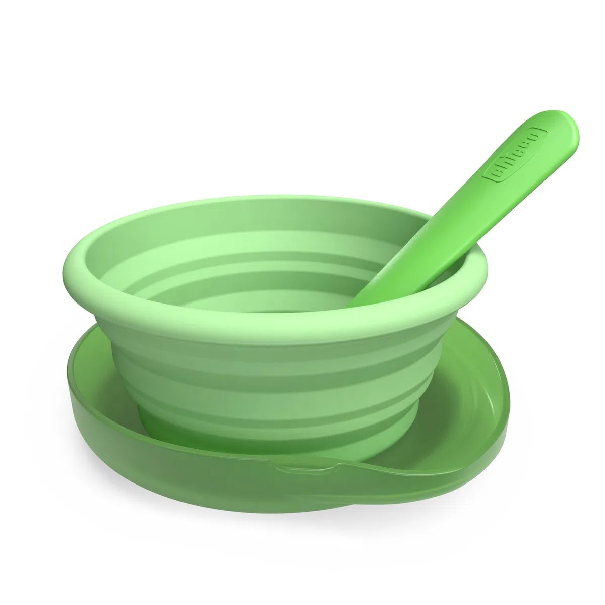 Chicco Set de Comida de Viaje, Plato plegable de silicona de 250 ml, Cuchara práctica, Funda compacta, Ideal para viajar, Kit de comida portátil, Cómodo y fácil de transportar, 6 meses+, Verde