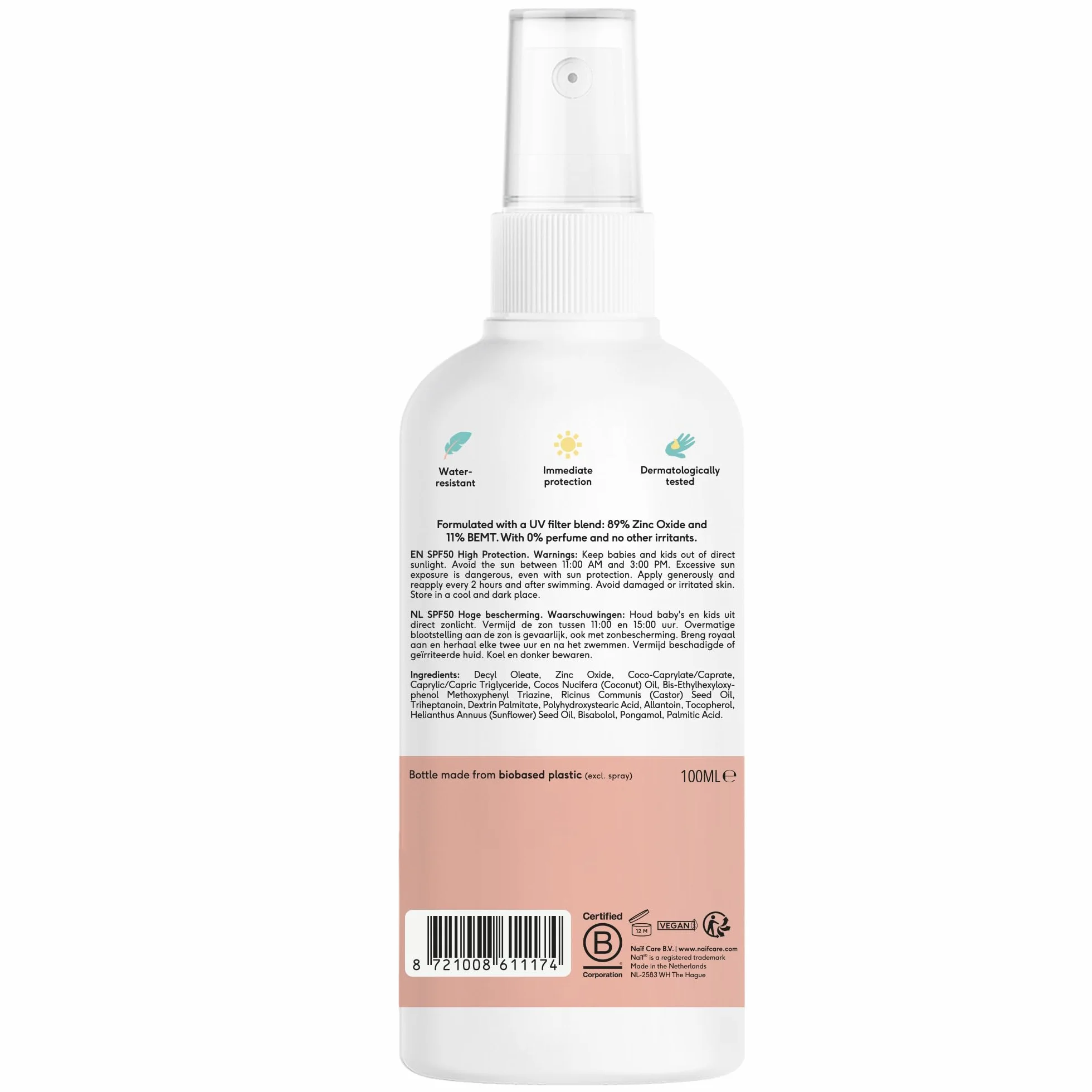 Naïf - Spray protector solar mineral - Bebé y niño - 0% perfume - FPS 50 - Spray sin octocrileno - Protección UVA y UVB - Resistente al agua - Dermatológicamente probado - Sin microplásticos - 100 ml